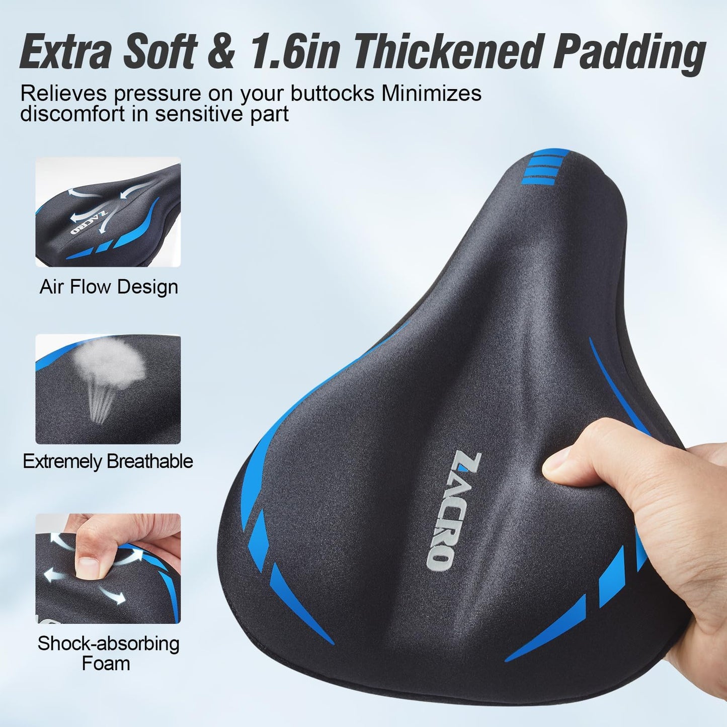 Zacro Bike Seat Cushion - Gel Padded Bike Seat Cover for Men & Women Comfort, Adjustable Velco Secure Bicycle Cushion, Upgraded Installation Fit with Peloton, Indoor & Outdoor Bicycle Saddle(11"x7")