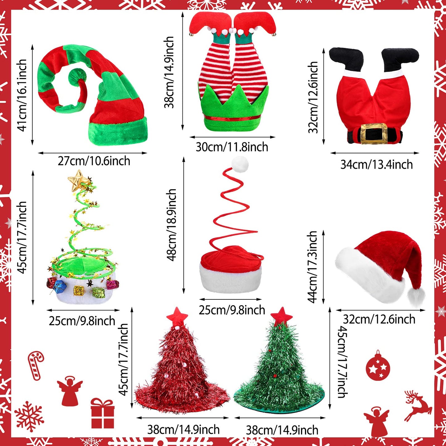 Funtery 8 Pieces Christmas Santa Unisex Hat Funny Long Striped Elf Pants Hat Christmas Tree Tinsel Accessories for Women Men Xmas Costume Party Supplies