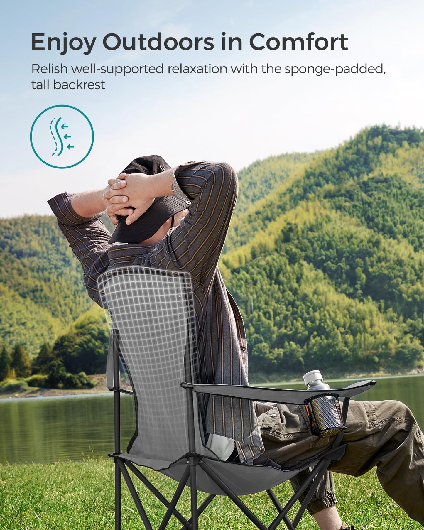 SONGMICS Folding Camping Chair Set of 2, Supports 551 lb per Chair, with Comfortable Sponge Seat, Heavy Duty Structure, Cup Holder, Outdoor Picnic Chair, Grey and Black UGCB206G01