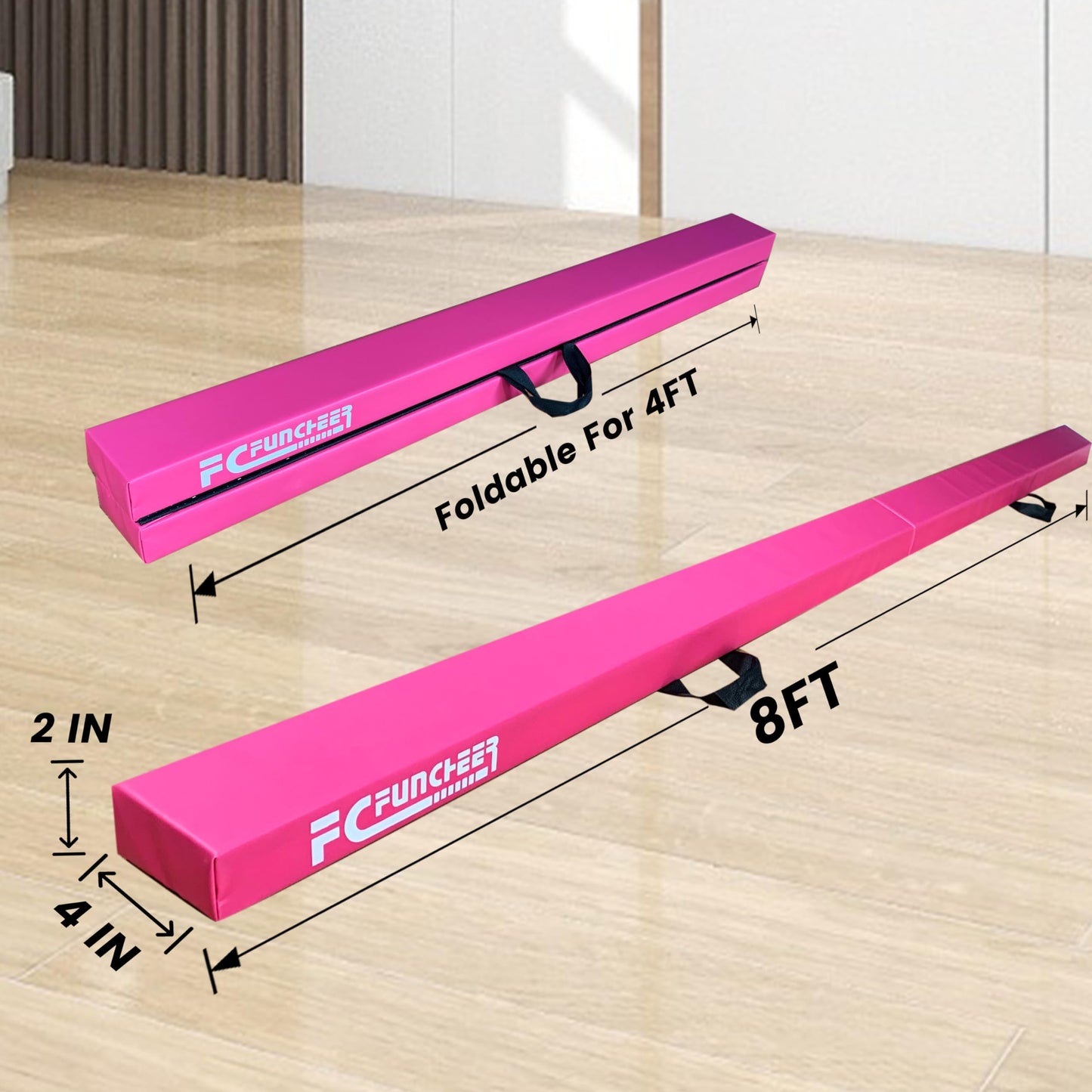 FC FUNCHEER 8FT Folding Balance Beam Gymnastics Beam Wood core Floor Beam with Anti-Slip Bottom Stainless Hinge and Carrying Bag … (Polyester, Light Pink)