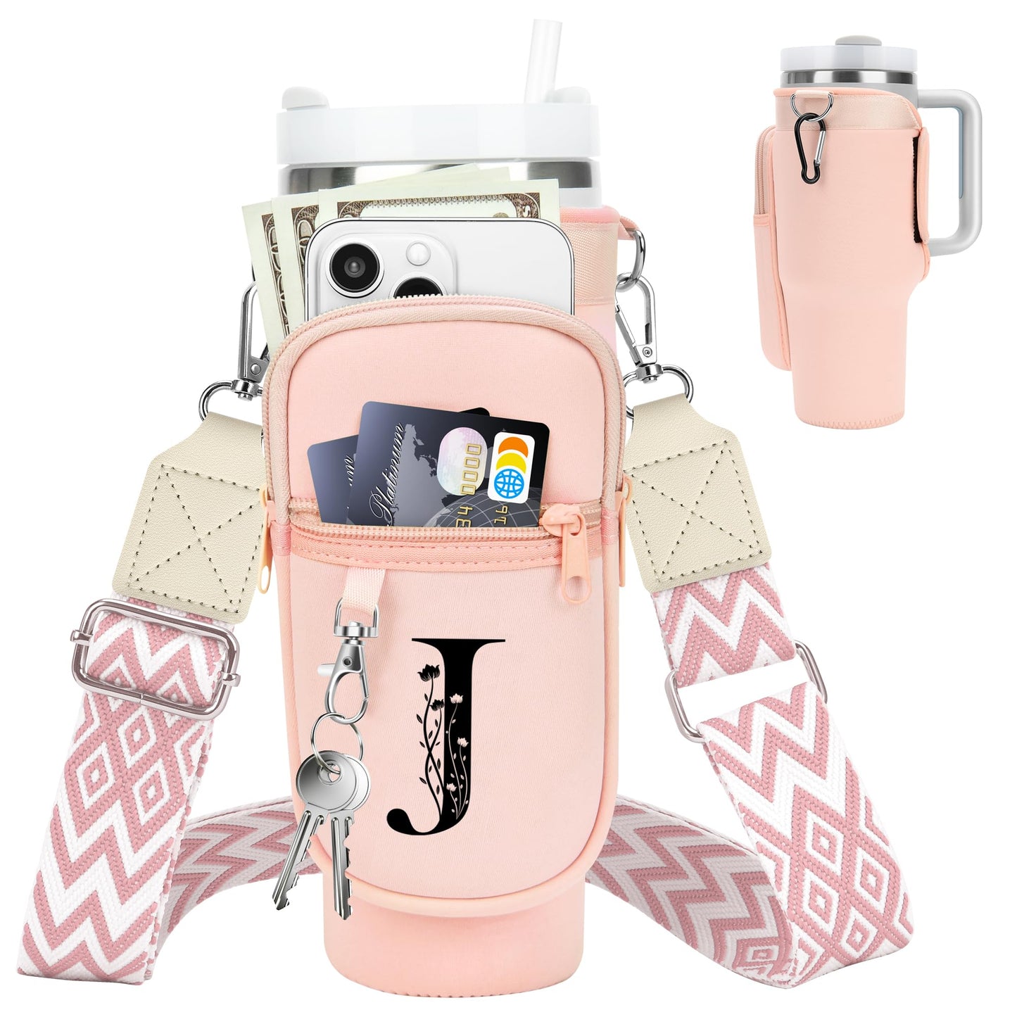 LOKASS for Stanley Cup Accessories 40 oz Water Bottle Carrier Bag with Phone Pocket for Stanley Tumbler Holder with Strap, Personalized Gifts with Floral Initial A-Z for Women/Girls/Stanley Cup Fans