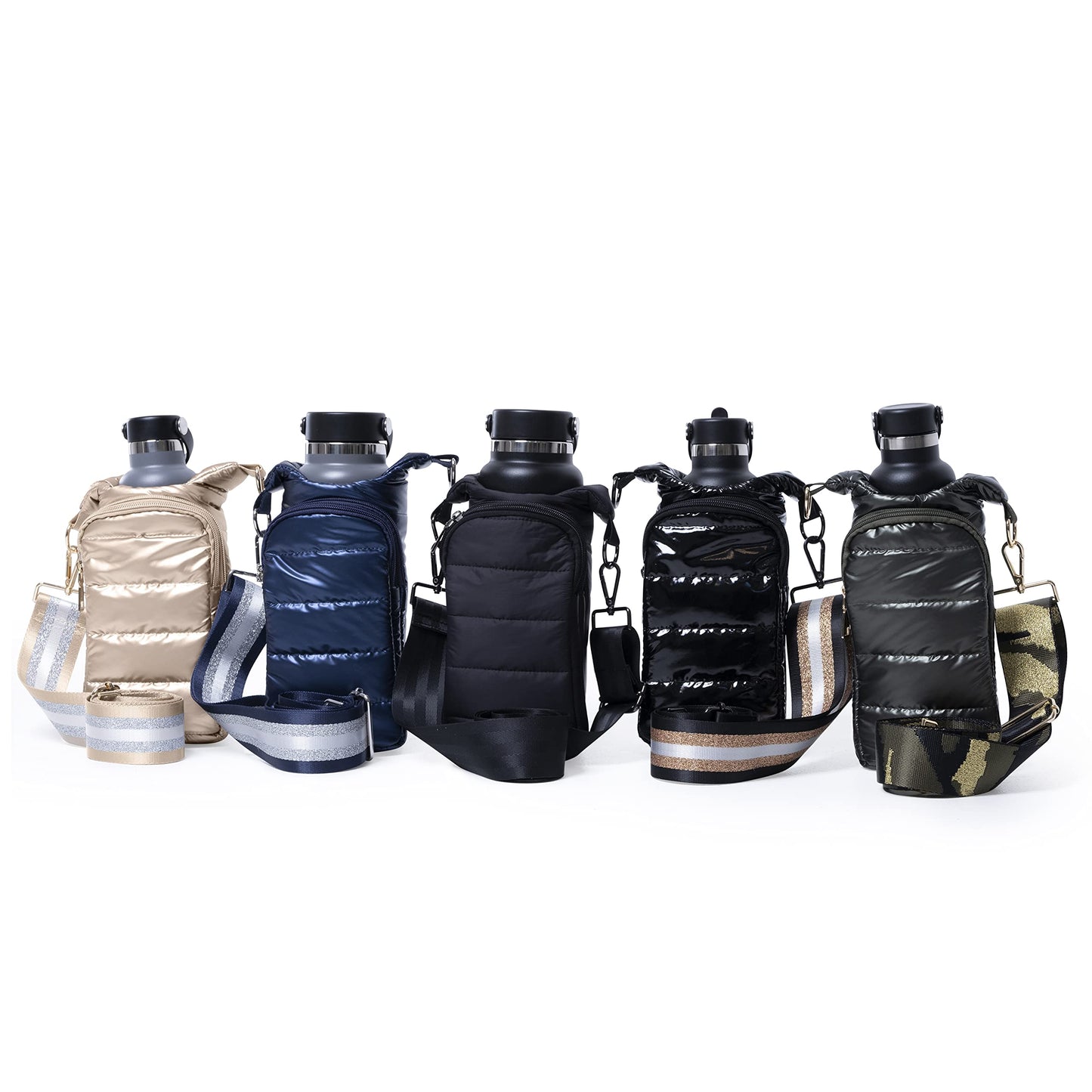WanderFull Original Crossbody HydroBag | Quilted Water Bottle Carrier | Puffer Tote Tumbler Holder with Pockets for Phone & Accessories | Carry Travel Essentials (Army Green&Gold/Camouflage Strap)