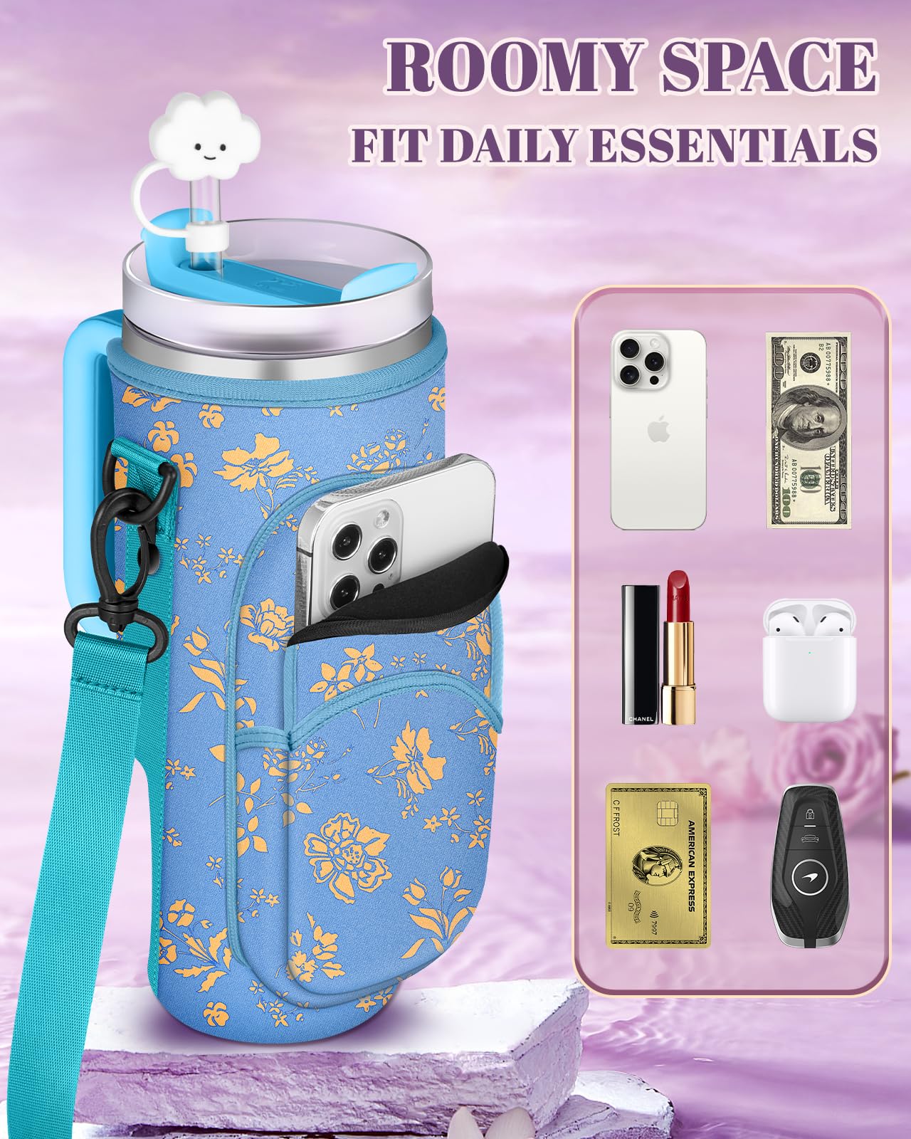 Toykee Water Bottle Holder Carrier Bag for Stanley 40 OZ Tumbler with Strap Phone Pocket, Blue Wrap Around Drink Cup Purse Pouch with Straw Cover Cleaner Brush Accessories Flower Print