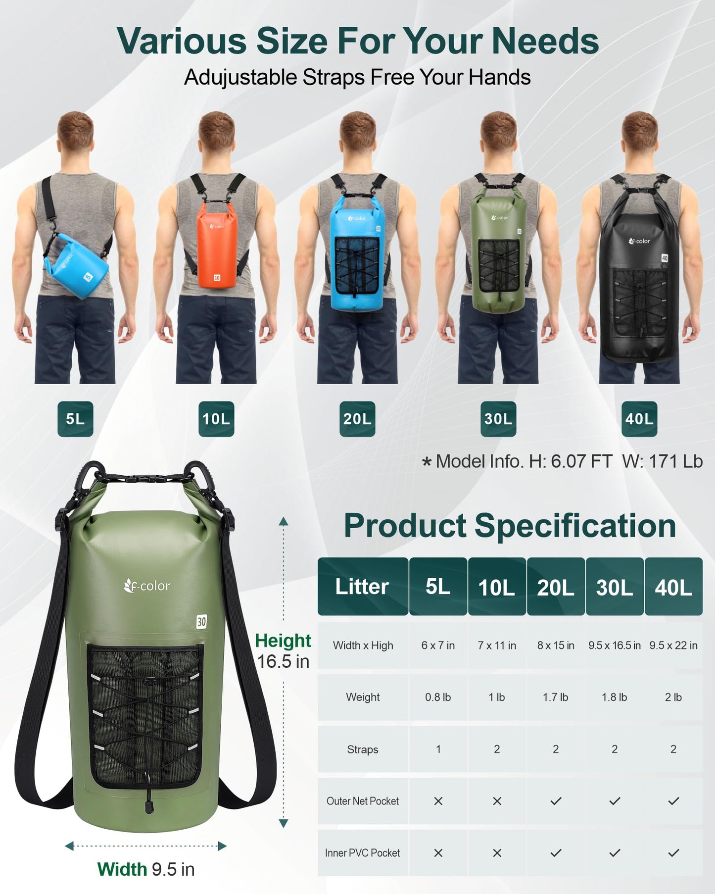 F-color Waterproof Dry Bag Backpack - 5L/10L/20L/30L/40L Lightweight Roll Top Waterproof Pouch Dry Bag with Waterproof Phone Case for Kayaking, Beach, Boating, Paddleboarding, Camping, Fishing