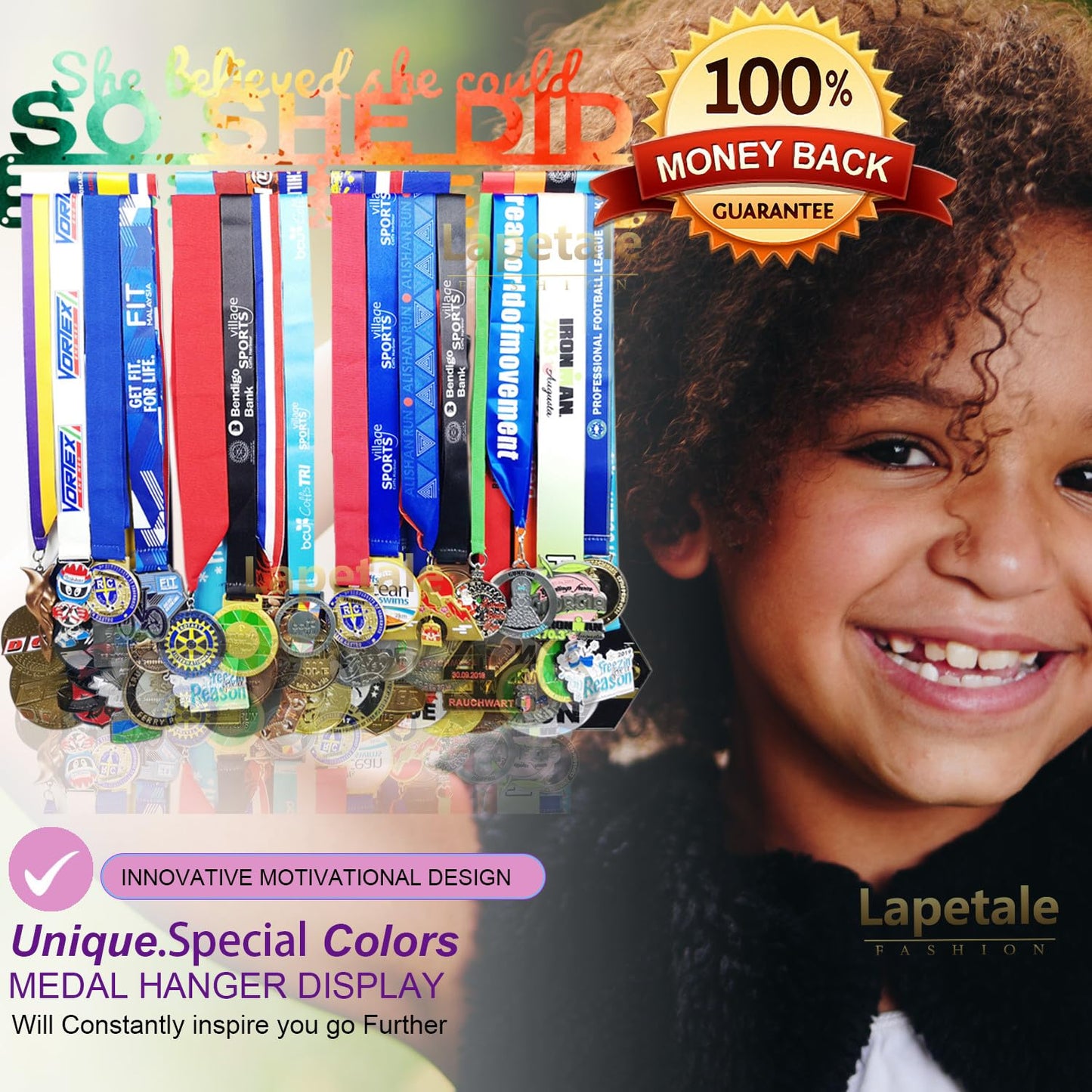 Lapetale Fashion Medal Hanger Holder Display Wall Rack Frame Shelf in 16" long-Medal Hanger Awards Ribbon Cheer,gymnastics,soccer,softball Holder Display Custom Rack for Sports Medals Easy to Install