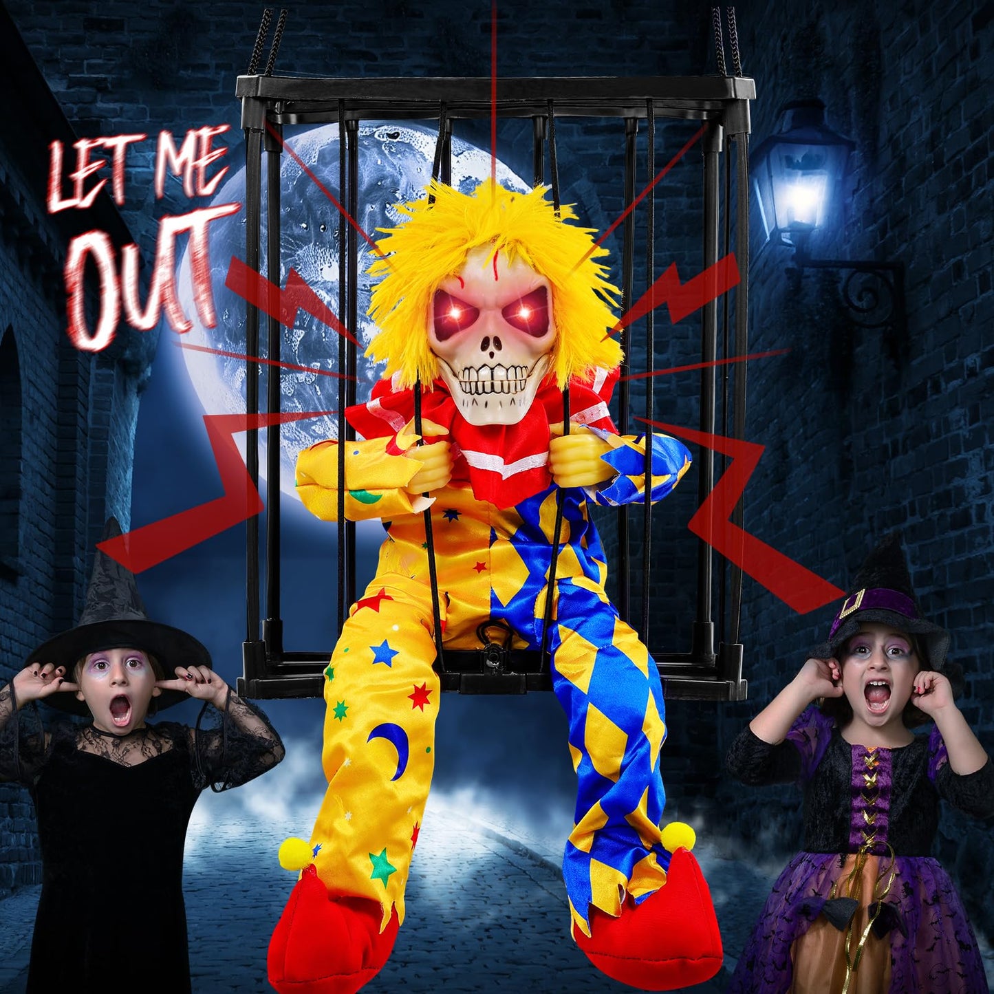 MGparty Halloween Screaming Animated Decorations Halloween Decor Prop with Motion Sensor Scary Skull Cage Prisoner Spooky Hanging Ghost Light Up Eyes