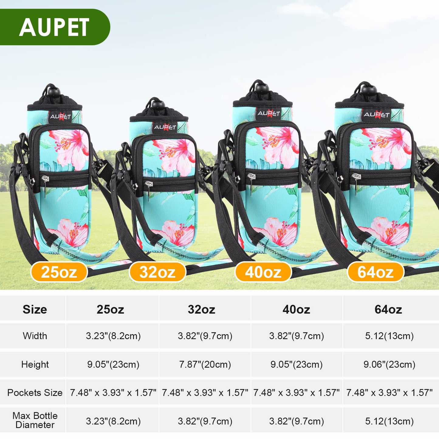 Water Bottle Sling Bag Sleeve Holder Carrier 25/32/40/64 oz ,Insulated Crossbody Water Bottle Case Cover with Strap and Pockets for Men/Women Walking Hiking Camping (25oz, flowers green background)