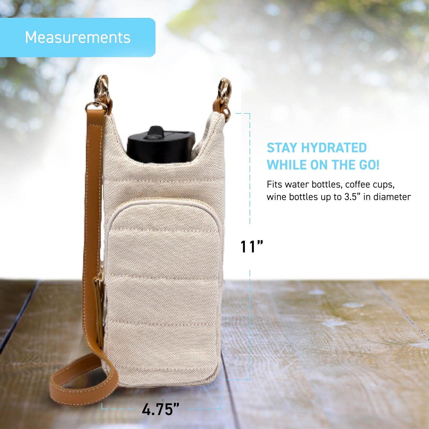 WanderFull Original Crossbody HydroBag | Quilted Water Bottle Carrier & Adjustable Vegan Leather Strap | Canvas Tote with Two Pockets for Phone & Accessories | Carry Travel Essentials (Oatmeal)