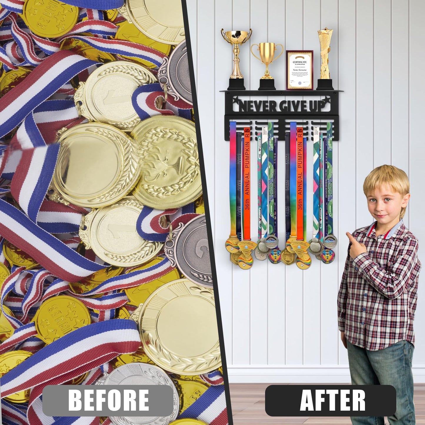 Takytao Medal Hanger Display with Trophy Shelf, Upgraded Sports Medal Holder Trophy Display Shelf Ribbon Holder Simple Wall Hanger with Motivational Words for Athletes and Youth