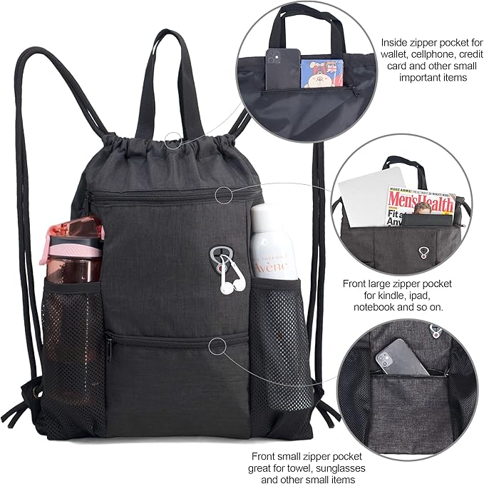 BeeGreen Drawstring Backpack Sports Gym Bag With Shoe Compartment and Two Water Bottle Holder …