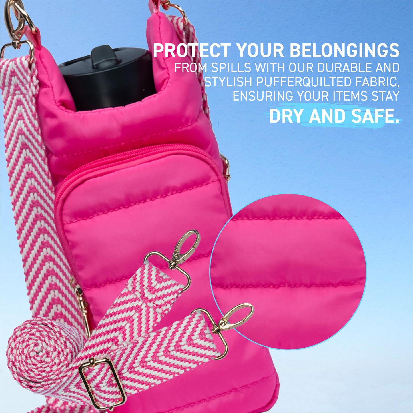 WanderFull Original Crossbody HydroBag | Quilted Water Bottle Carrier | Puffer Tote Tumbler Holder with Pockets for Purse, Phone & Accessories | Carry Travel Essentials (Pink/Patterned Strap)