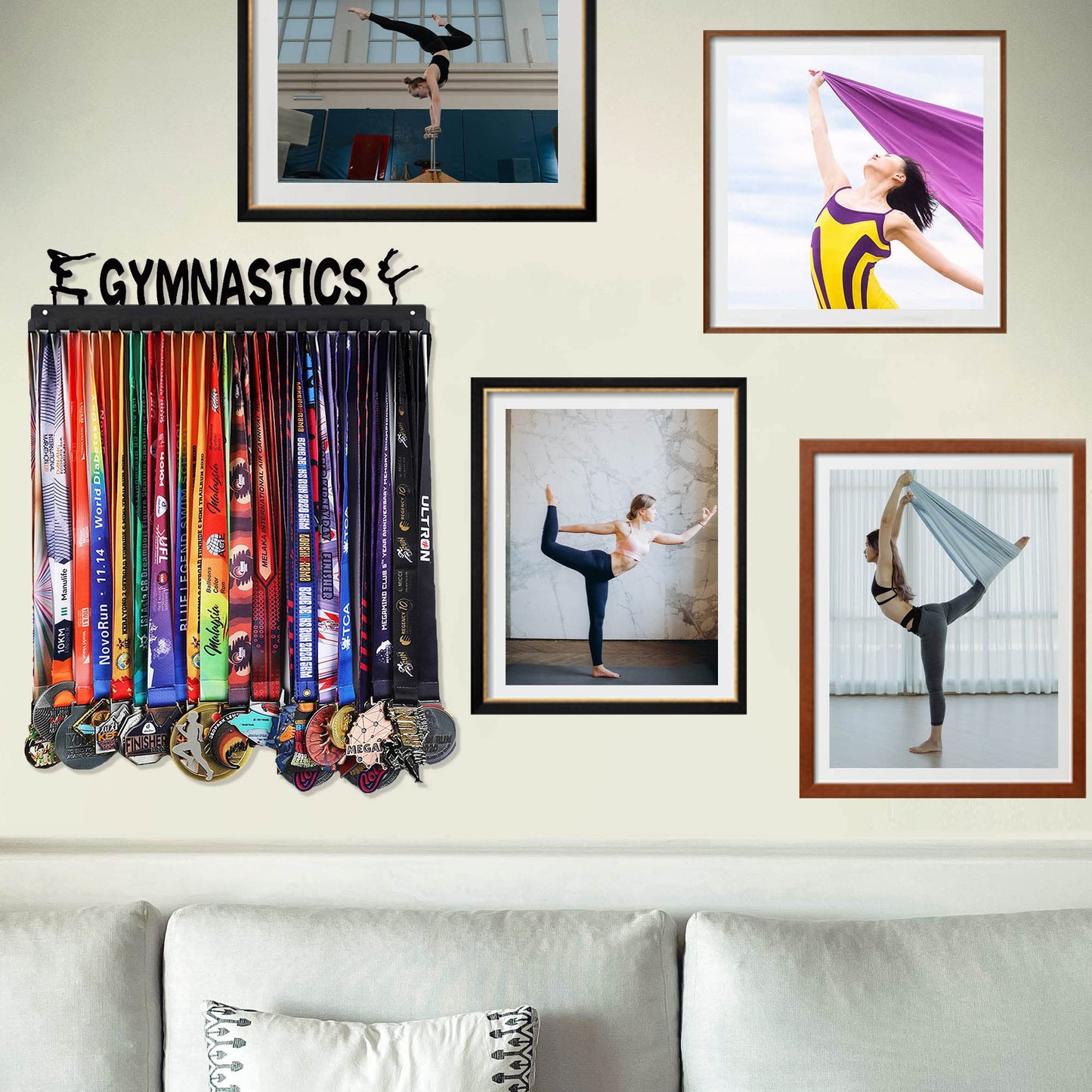 Goutoports Medal Wall Hanger Display - Gymnastics Girls - Award Plaques Rack for Sports - Black Steel Metal Holder With 20 Hooks Hold Up 60 Medals Easy to Install