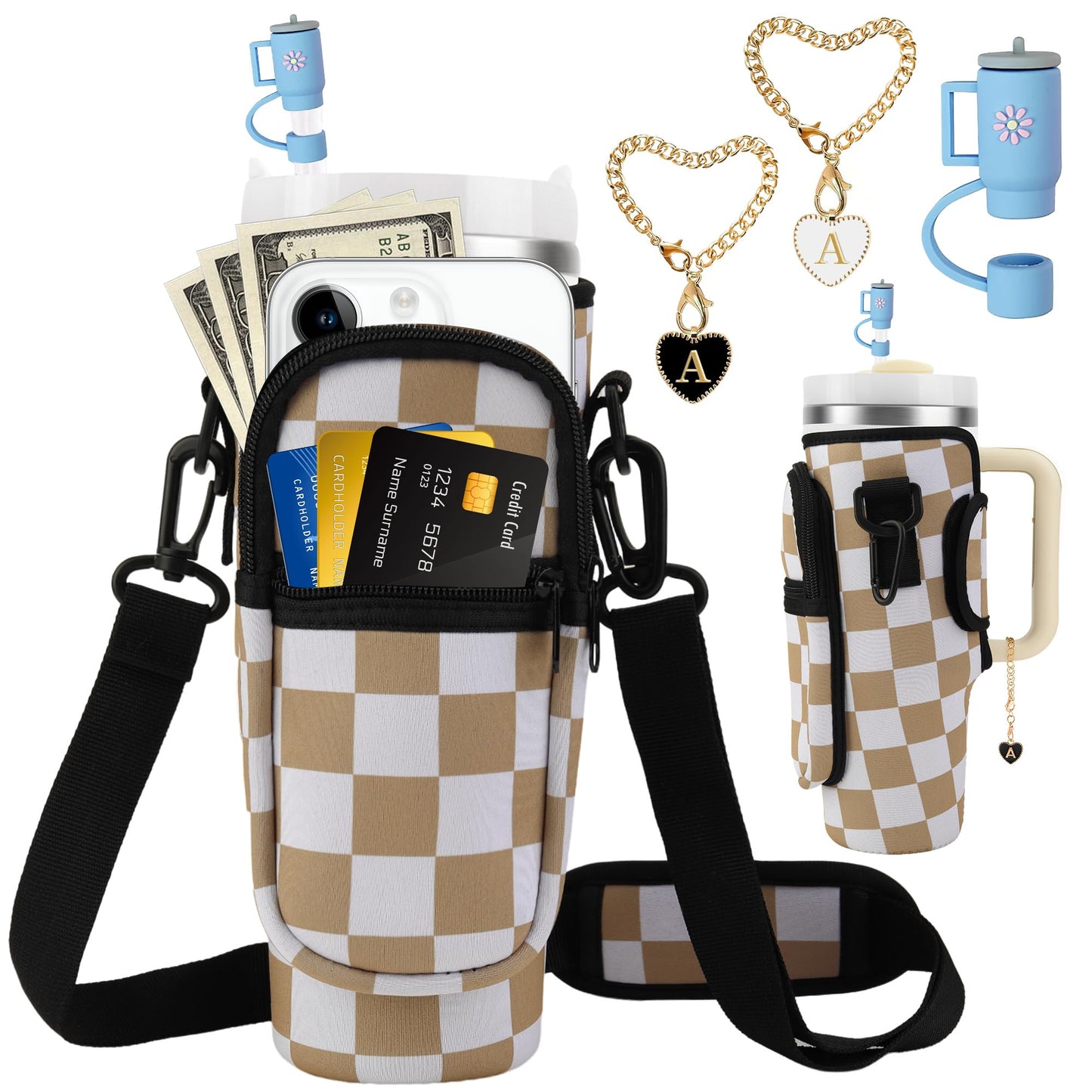 Water Bottle Carrier Bag with Strap for Stanley Cup 40oz Tumbler with Phone Pocket, Keychain Accessories for Stanley Cup Handle, Women Personalized Accessories for Stanley Cup