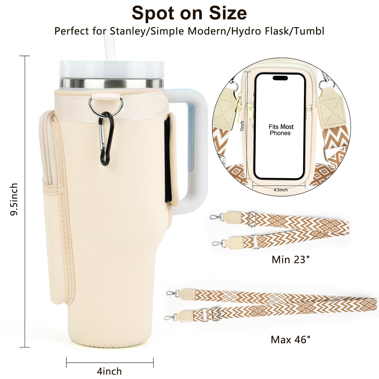 LOKASS Initial Water Bottle Holder with Upgrade Canvas Strap for Stanley 30 oz Tumbler, Gift for Mom Mother's Day Day gifts with Phone Pocket, Personalized Accessories for Stanley Cup, Cream - S