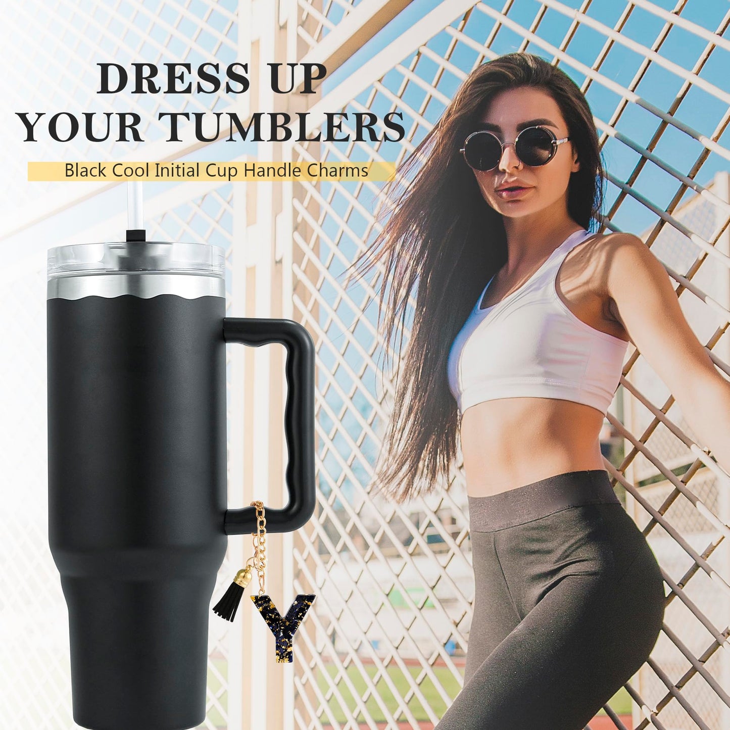 Letter Charm Accessories for Stanley Cup 1 PCS Cute Initial Keychain Handle Charm for Stanley Tumbler for Women Black Letter Y