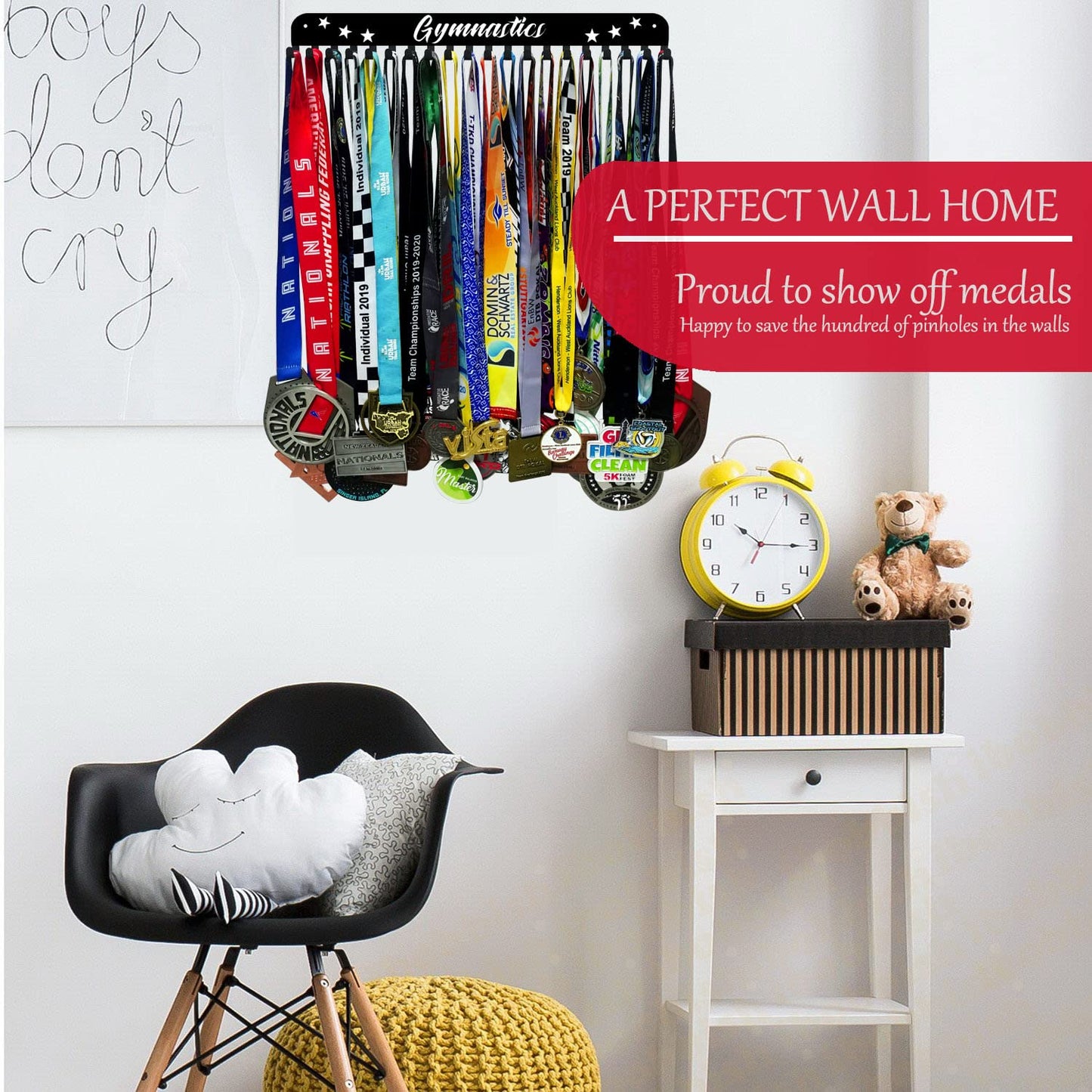 iBobbish Premium Gymnastics Medal Holder Display Rack with 20 Hanging Hooks,Gymnastics Medal Holder For Wall with 16inchL,Upgraded Gymnastics Medal Holder with Simple Design For Girls & Boys in Black