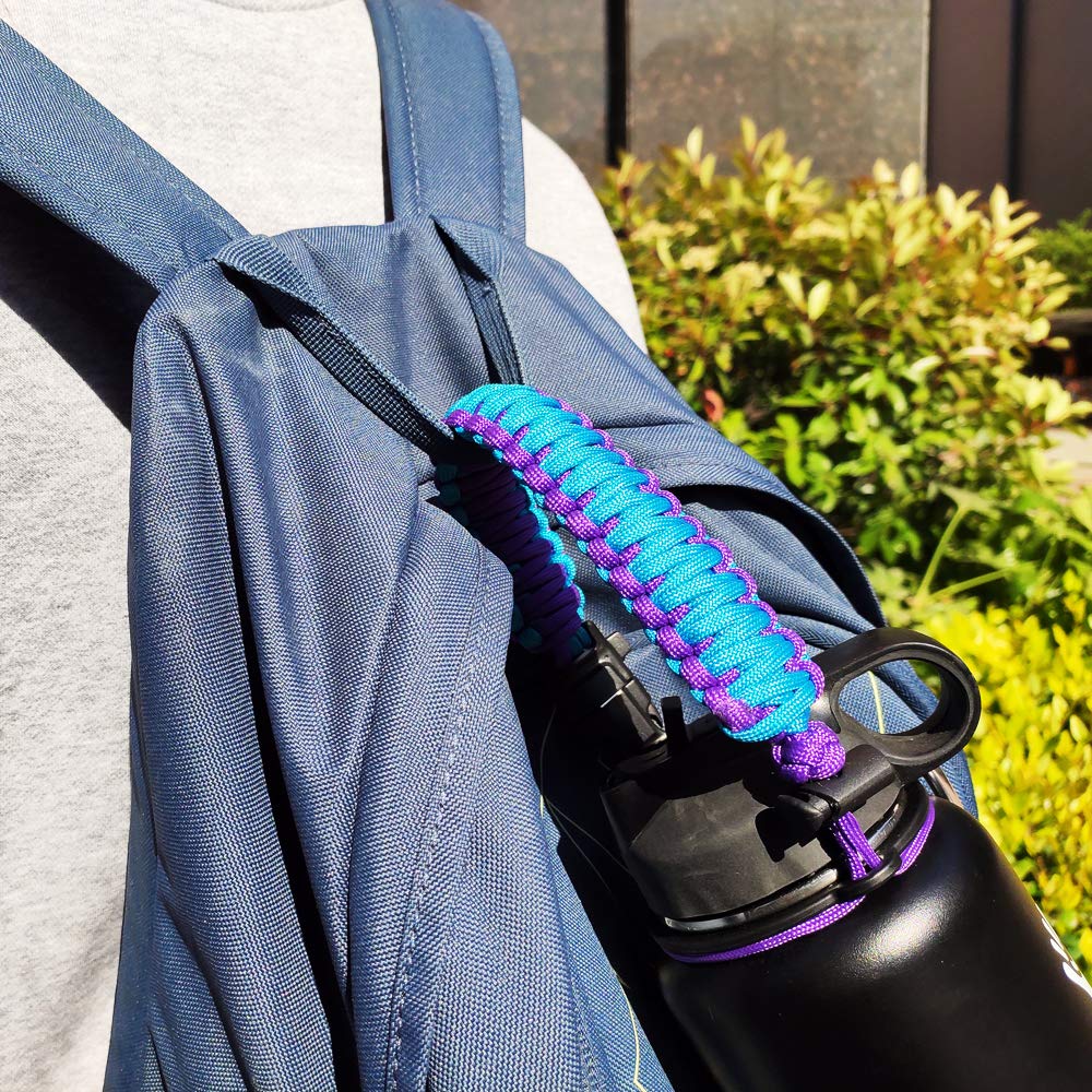 Paracord Handle - Fits Wide Mouth Bottles 12oz to 64oz - Durable Carrier, Paracord Carrier Strap Cord with Safety Ring,Compass and Carabiner - Ideal Water Bottle Handle Strap (Purple Blue Wide)
