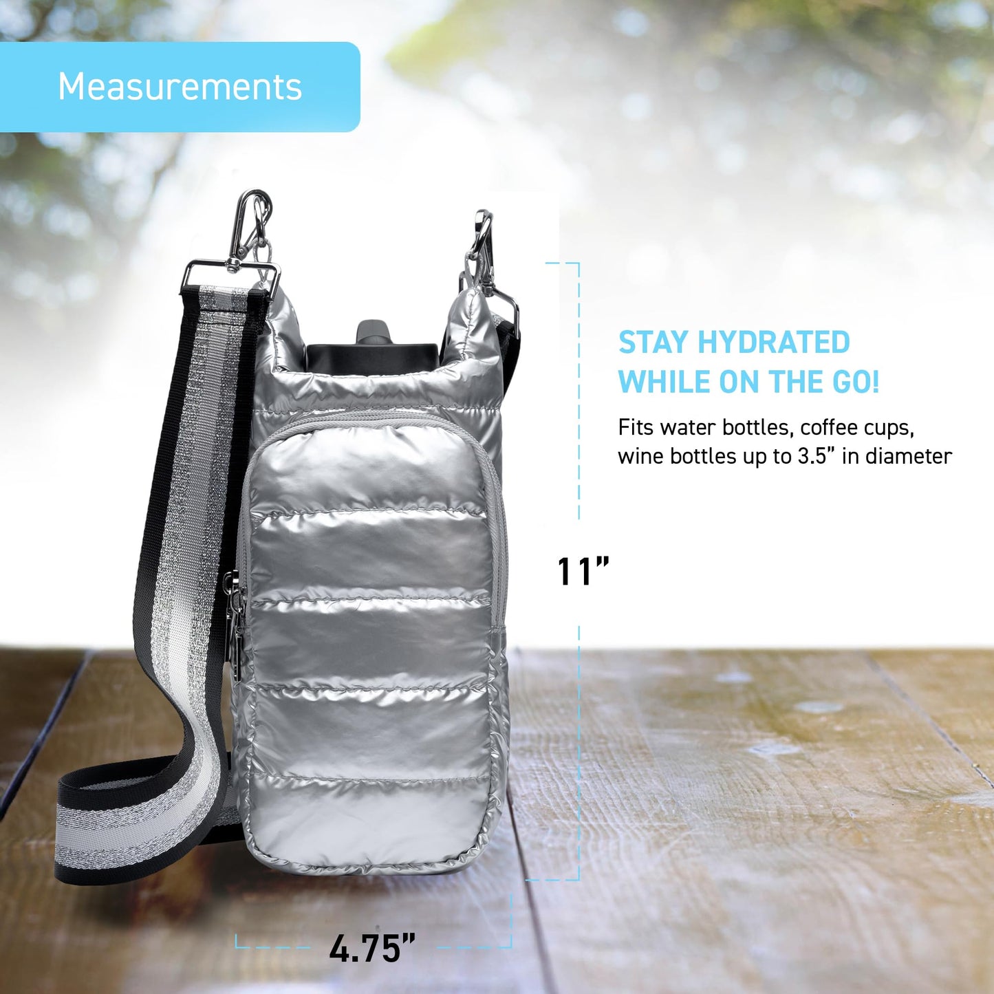 WanderFull Original Crossbody HydroBag | Quilted Water Bottle Carrier | Puffer Tote Tumbler Holder w/Pockets for Phone & Accessories | Carry Travel Essentials (Silver Metallic/Interchangeable Strap)