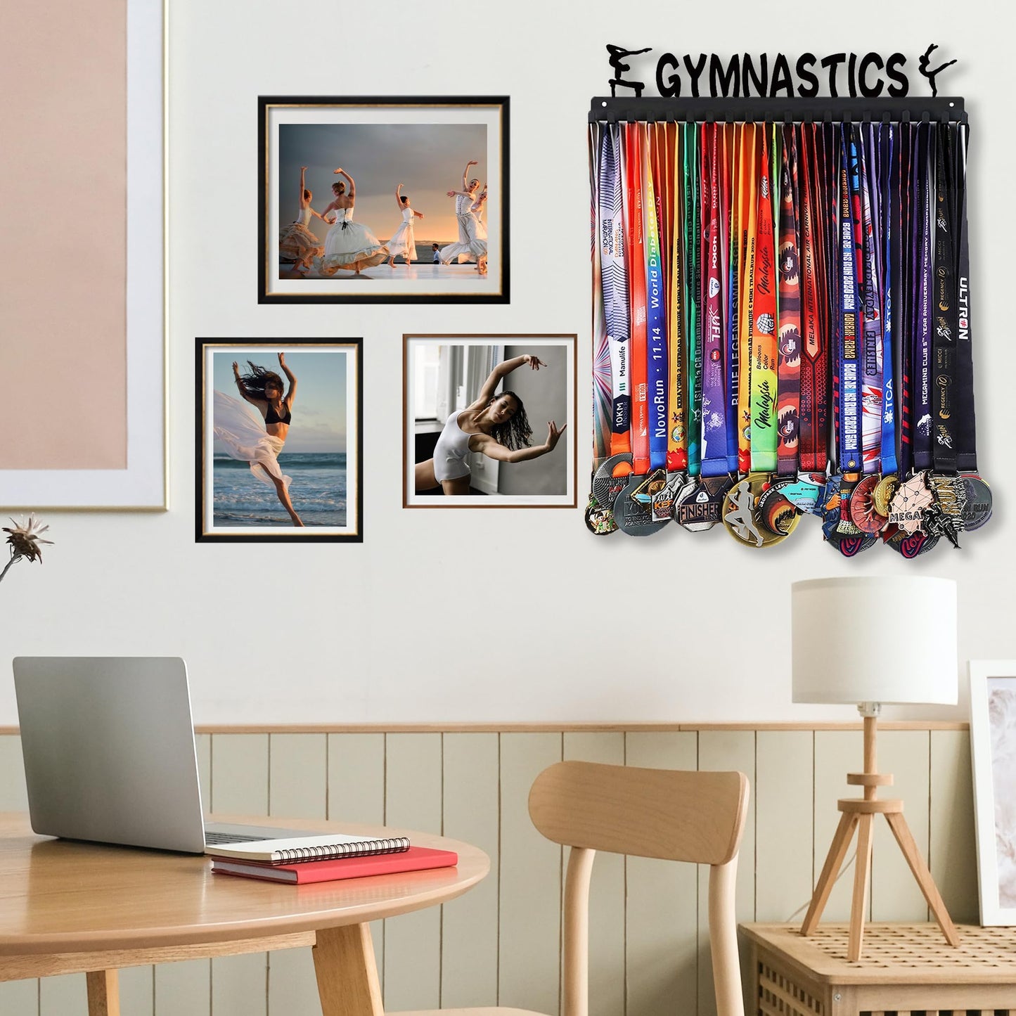 Goutoports Medal Wall Hanger Display - Gymnastics Girls - Award Plaques Rack for Sports - Black Steel Metal Holder With 20 Hooks Hold Up 60 Medals Easy to Install