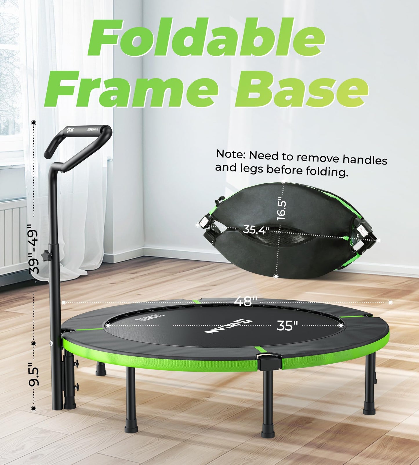 BCAN 40"/48" Foldable Mini Trampoline, Rebounder Trampoline for Adults, U/T Shape Adjustable Foam Handle, Exercise Rebounder for Kids Adults Indoor/Garden Workout, Max Load 330lbs/440lbs