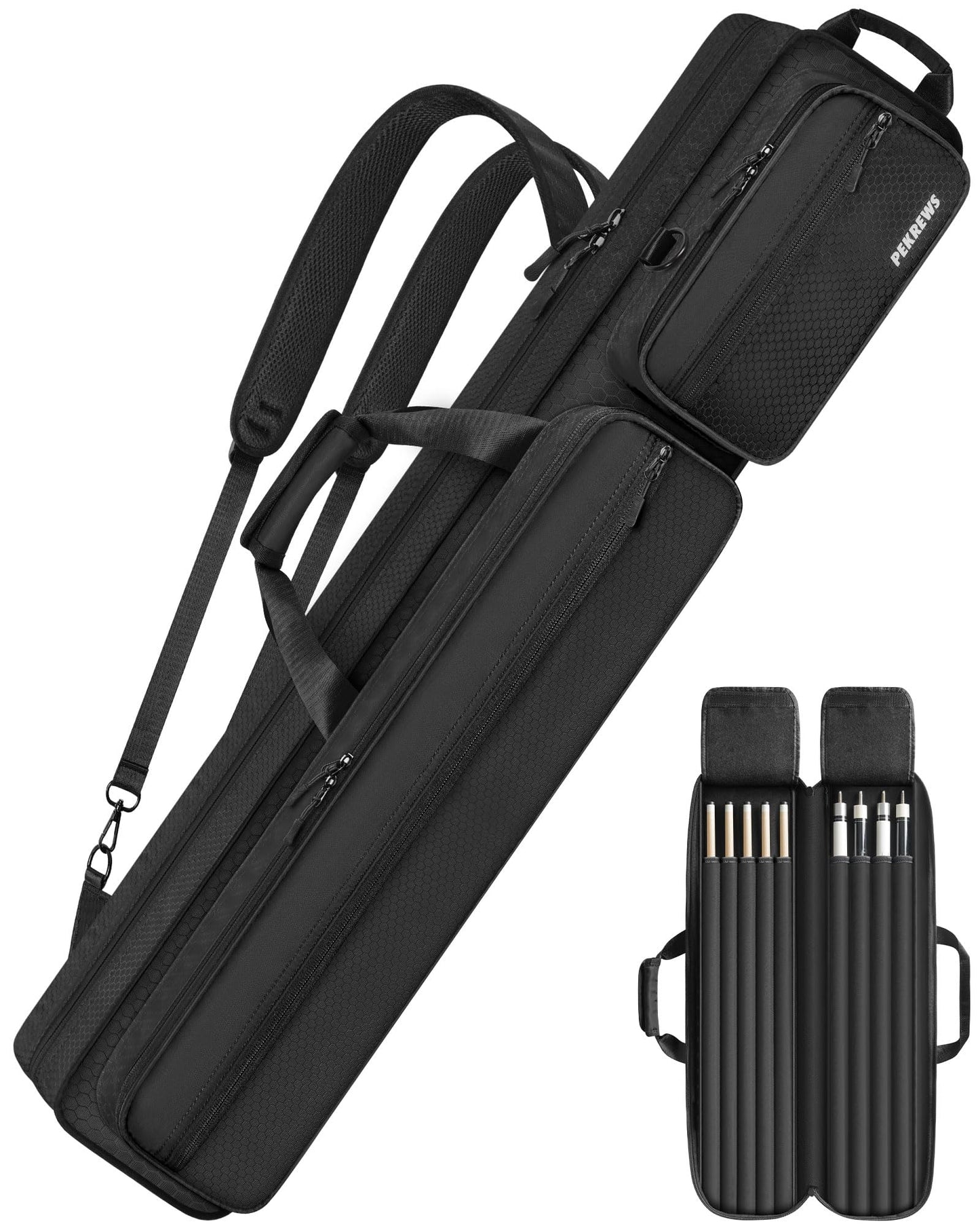 PEKREWS Pool Cue Case 4x5, Pool Stick Case with Multiple Pockets Holds 4 Butts 5 Shafts, Soft Padded Sturdy Pool Cue Bag, Billiard Cue Backpack with Adjustable Shoulder Straps for Men and Women