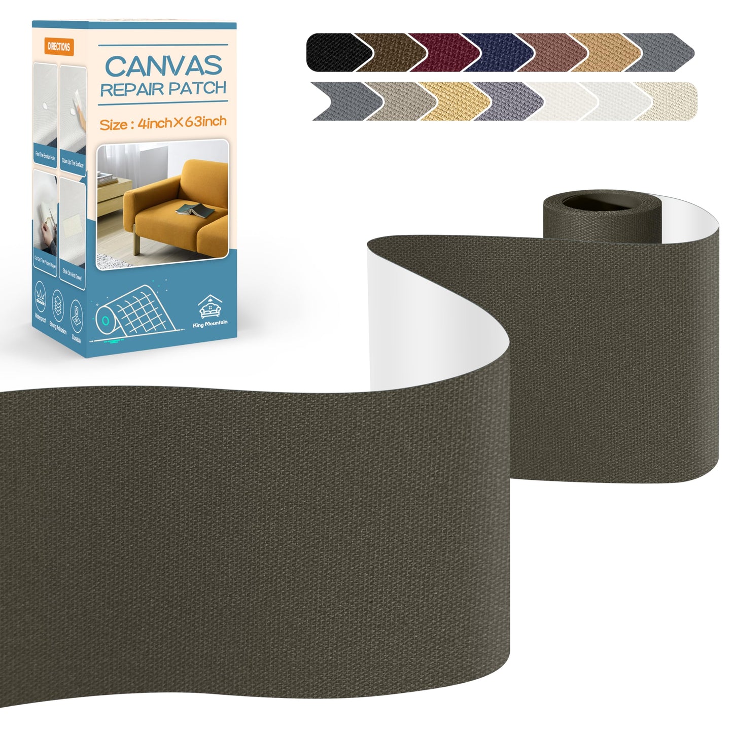 KING MOUNTAIN Canvas Repair Tape,Outdoor Gear Patch, 4×63 Inches,Waterproof,Self-Adhesive for Repairing Boat Covers,Sun Shades,Sofas,Tents,Lounge Chairs,Awnings (Dark Green)