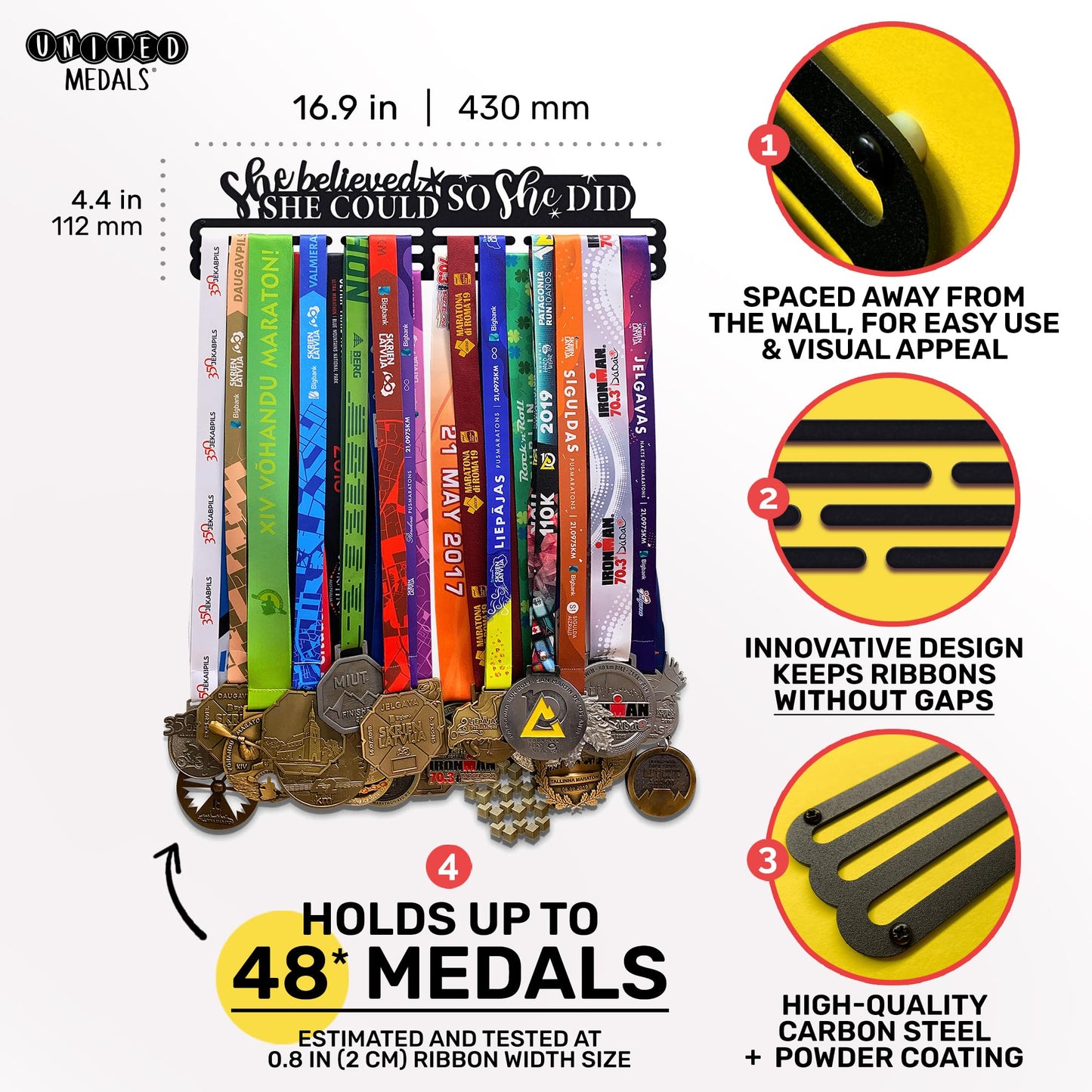 Sports Medal Hanger Display Race She Believed She Could So She Did | Black Race Medal Holder Awards Wall Mount | Running Marathon Race Medal Display for Wall | Steel medal holder for wall