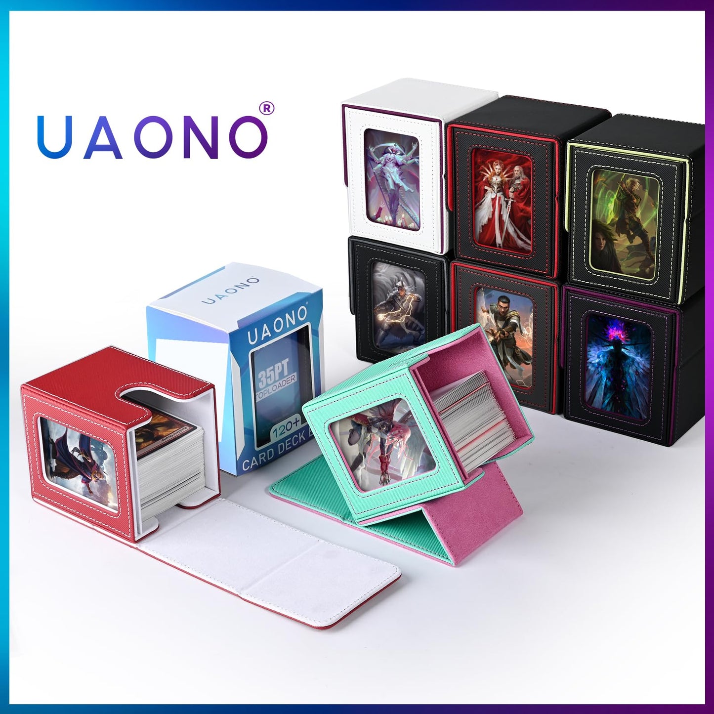 UAONO Card Deck Box with MTG Commander Display, Patented Design Card Deck Case Holds 100+ Double-Sleeved Cards, PU Leather Cards Storage Box For TCG with 2 Dividers, 1 Toploader (Red&White)
