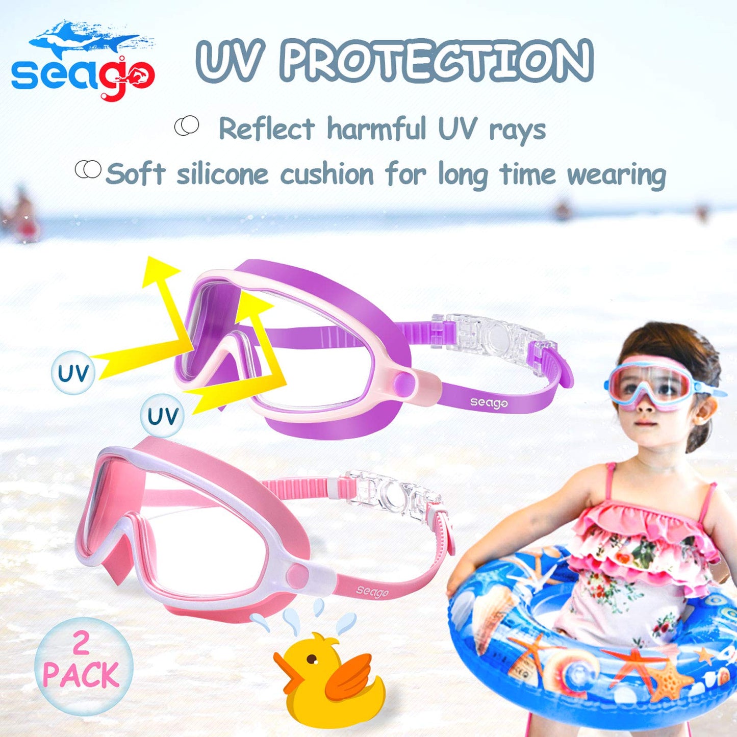 Kids Goggles for Swimming 2 Pack No Leaking Anti-Fog Outer Eye Fit with Wide View UV Protection Crystal Clear Watertight Swim Goggles with nose cover Suitable for Children Youth Boys Girls Age 3 to 15