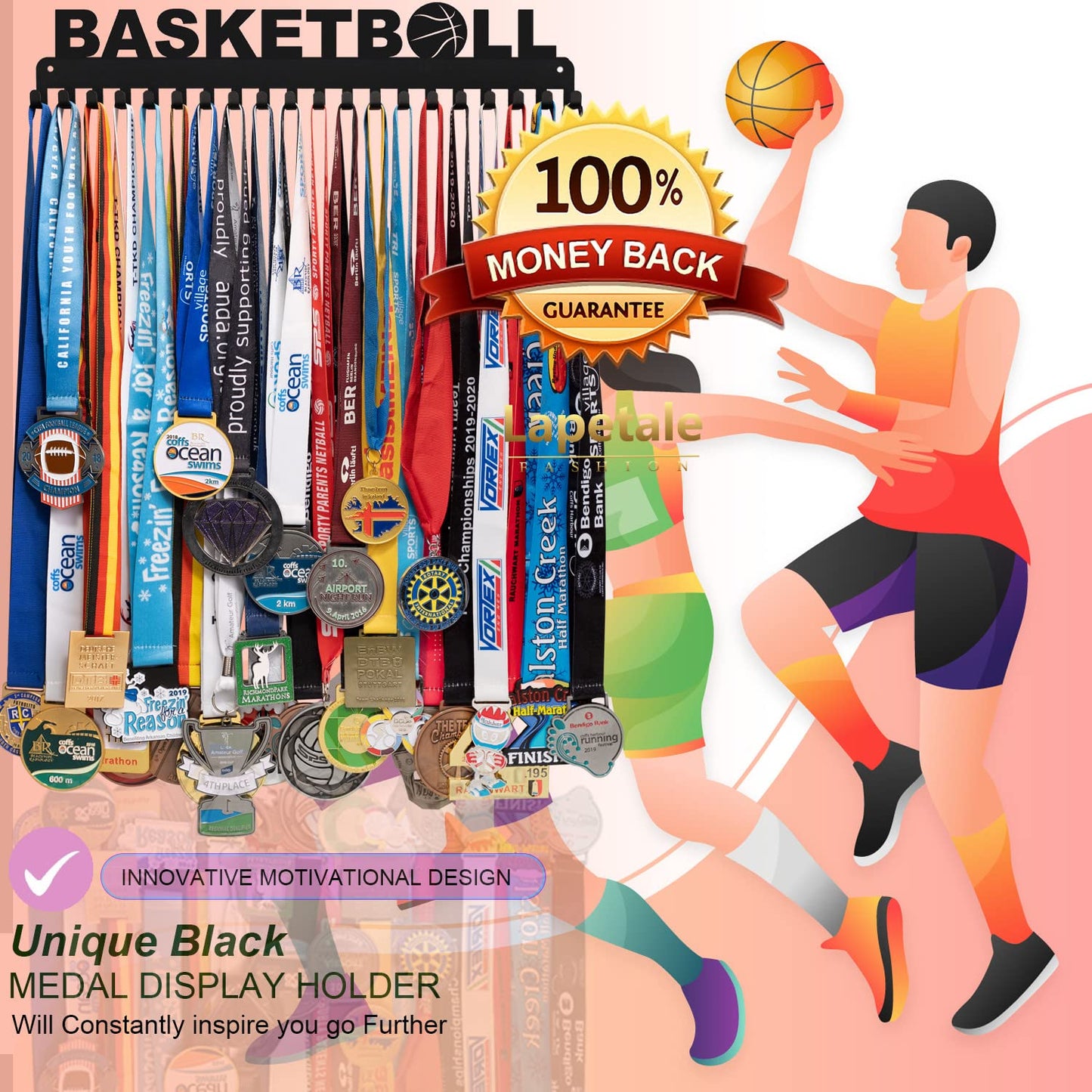 Lapetale Fashion Basketball Medal Hanger Display Medal Holder Hanger Display Rack,Easy Install Easy to Use,Basketball Medal Display Rack with Updated New,Medal Display Hanger Wall Hanger for Medals
