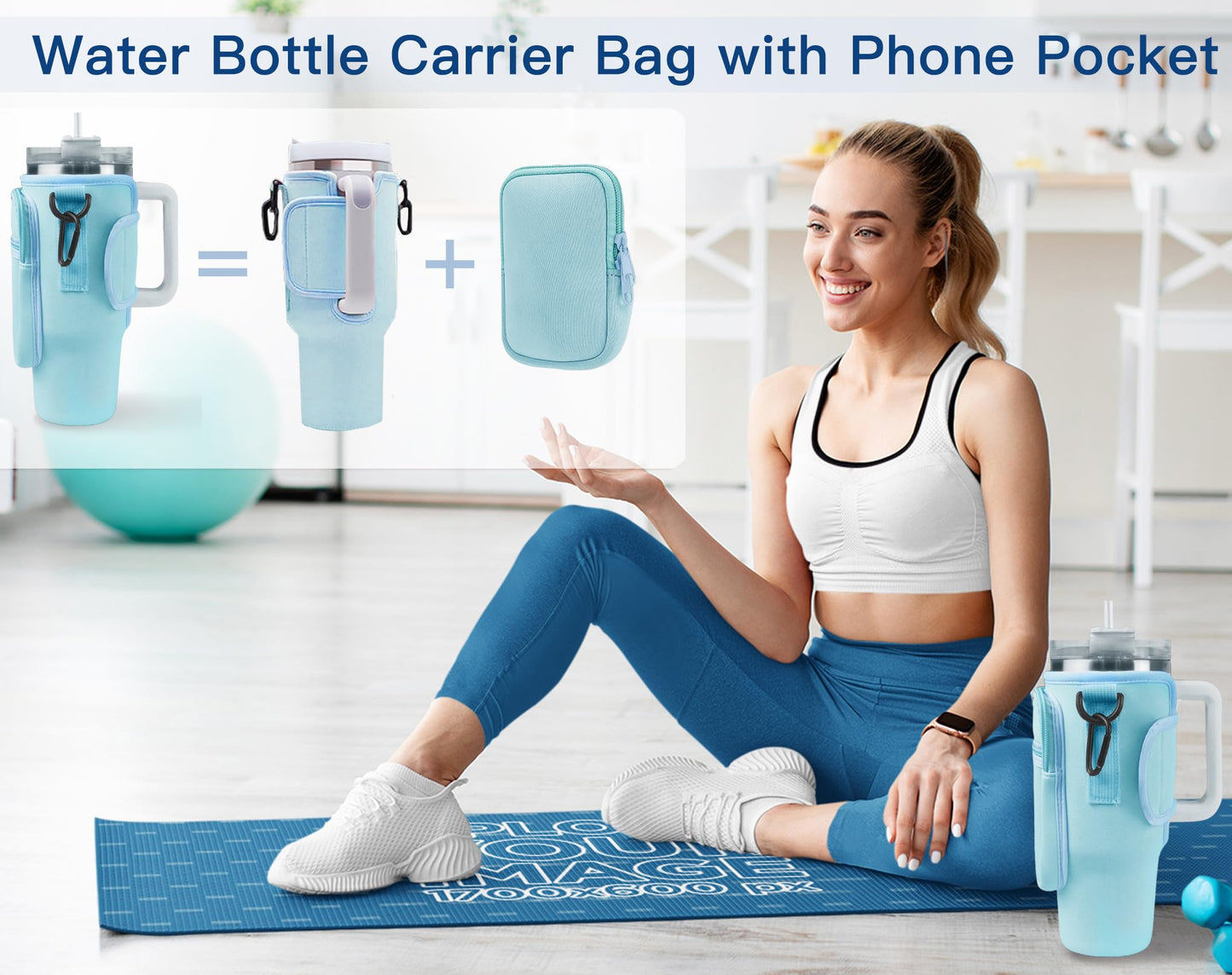 Aganmi Initial Water Bottle Carrier Bag with Phone Pocket for Stanley 40Oz Cup Accessories,Water Bottle Holder with Shoulder Strap Mothers Day Birthday Gifts for Women Mom Teacher Friend (Blue S)