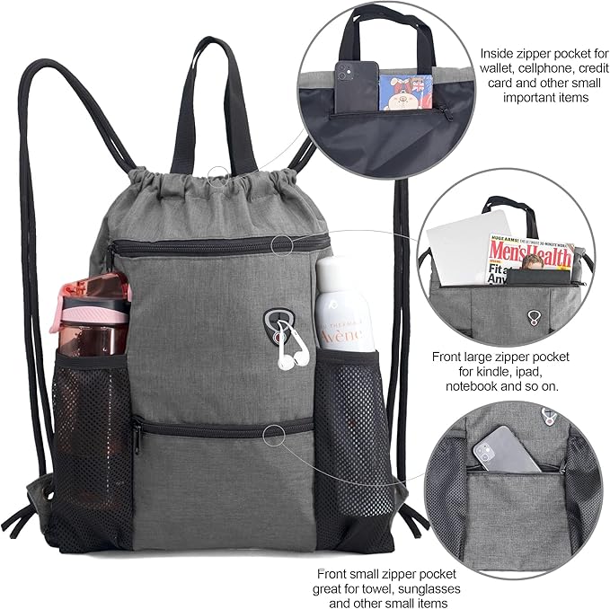 BeeGreen Drawstring Backpack Sports Gym Bag With Shoe Compartment and Two Water Bottle Holder …