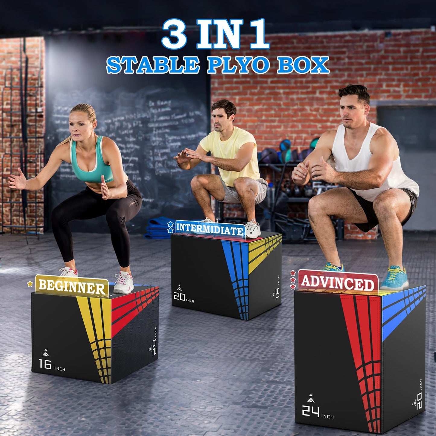 3-In-1 Foam Plyometric Jump Box,Stable Plyo Box Covered with 3MM Anti-Slip Particles,24βx20βx16βStable Box Jumps for Home Gym Fitness Workout Training,440lb Weight Capacity