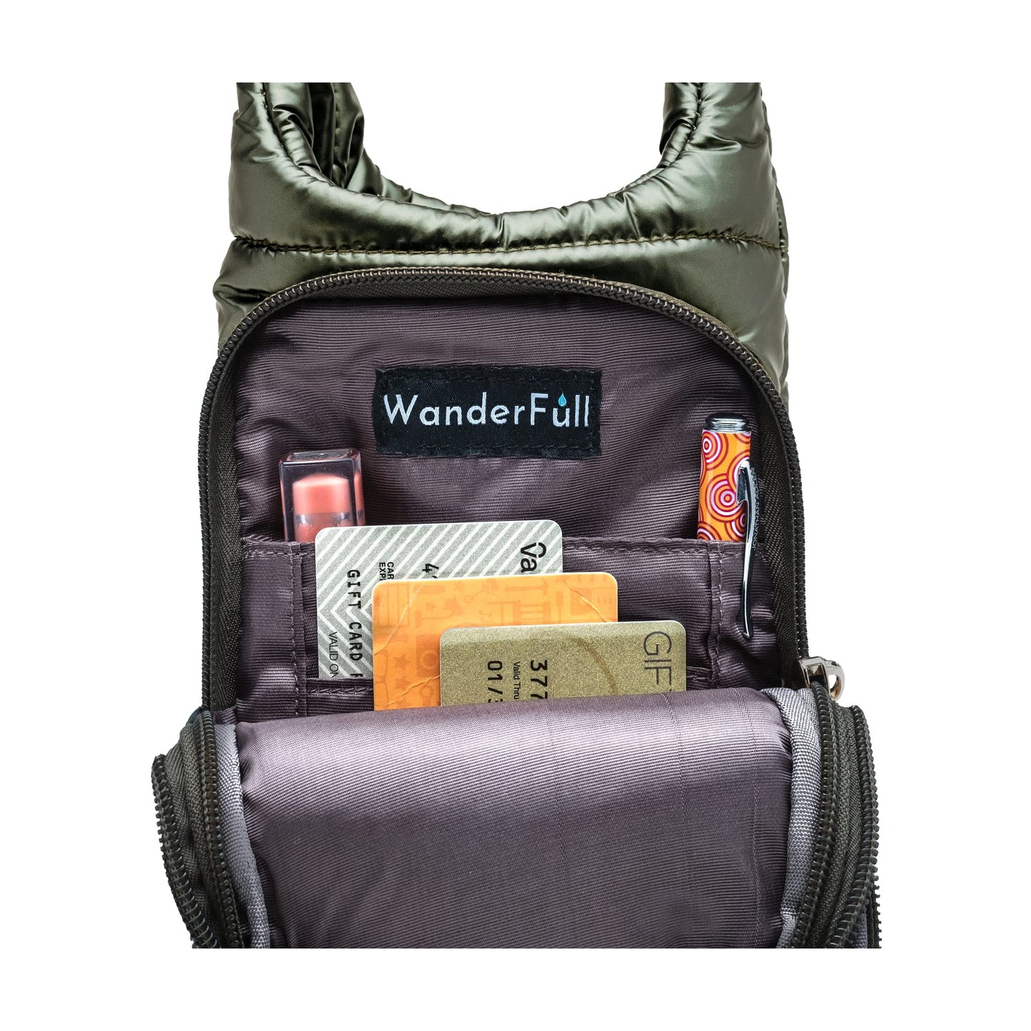 WanderFull Original Crossbody HydroBag | Quilted Water Bottle Carrier | Puffer Tote Tumbler Holder with Pockets for Phone & Accessories | Carry Travel Essentials (Army Green&Gold/Camouflage Strap)