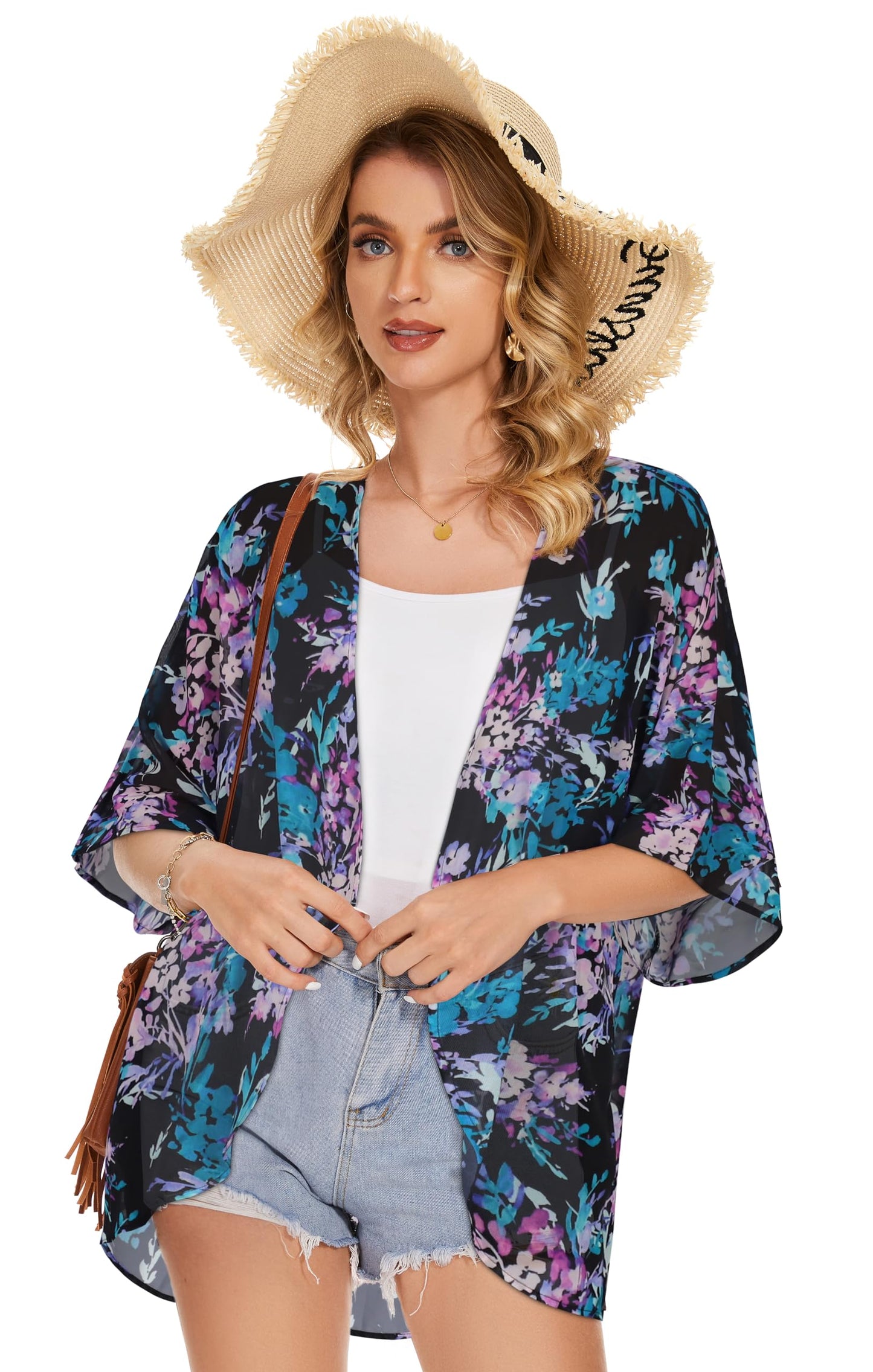 Womens Floral Kimono Cardigans Beach Coverups Loose Puff Sleeve Casual Tops (Purple Flowers Print,S)