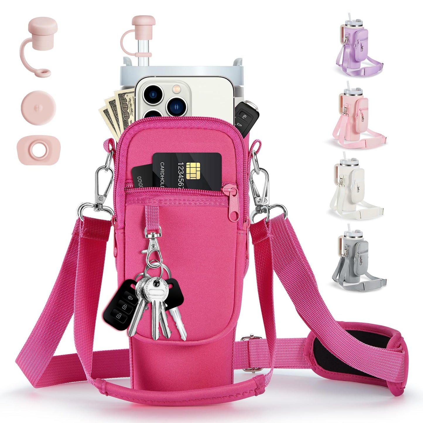 linmaya Water Bottle Carrier Bag with Phone Pocket for Stanley 40/30 oz Tumbler Neoprene Water Bottle Holder Pouch with 2 Adjustable Strap & 3 Leak Stoppers for Stanley Cup Accessories