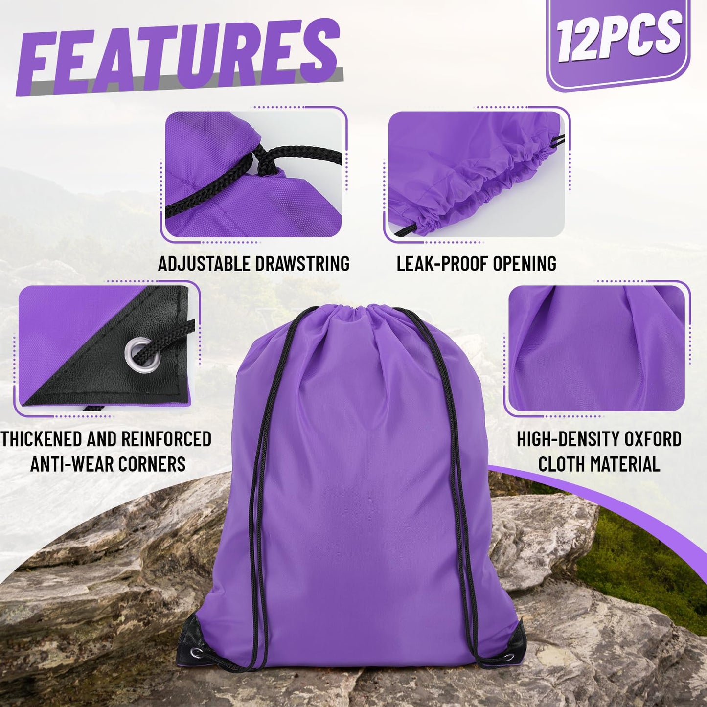 Dynvue 12pcs Drawstring Backpack Sport Gym Bag, 13.39"x16.93" Cinch Bags Drawstring Sport Backpack, Water Resistant String Bag for Gym, Reinforced Draw String Bag Pack Bulk for DIY Beach Sport, Purple