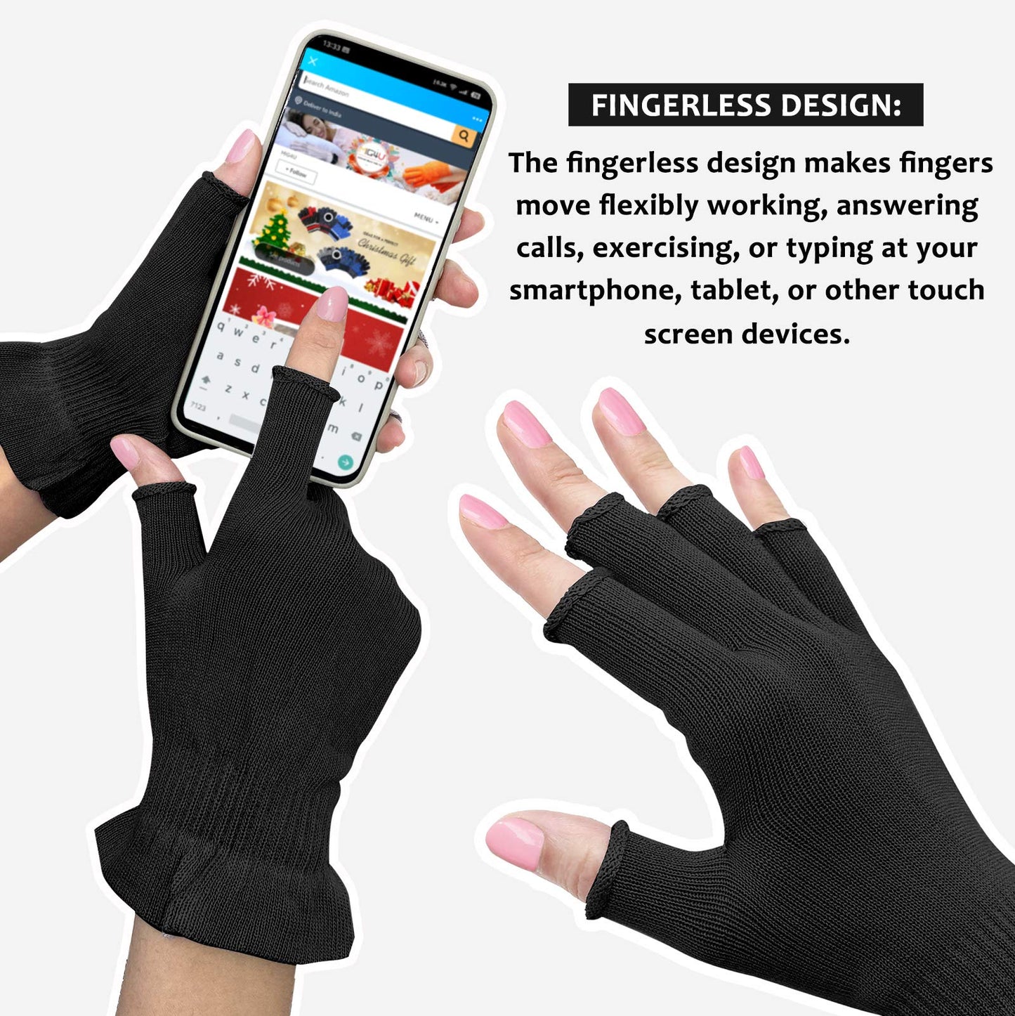 MIG4U Fingerless Moisturizing Gloves, Half Finger Touchscreen Beauty Glove for Eczema, SPA, Dry Hands, Skin Treatment, Summer Sun UV Protection (L/XL, Black-1 Pair)