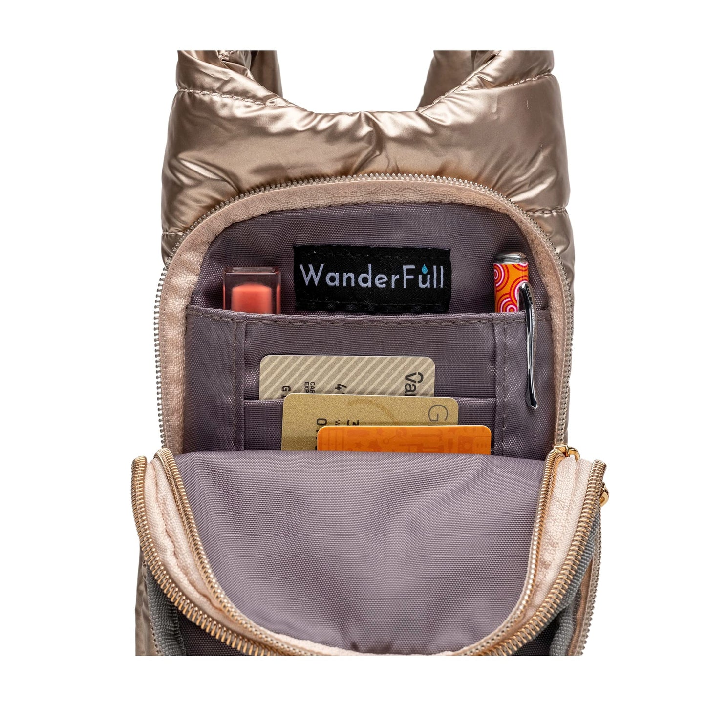 WanderFull Original Crossbody HydroBag | Quilted Water Bottle Carrier | Puffer Tote Tumbler Holder with Pockets for Phone & Accessories | Carry Travel Essentials (Gold Metallic/Interchangeable Strap)