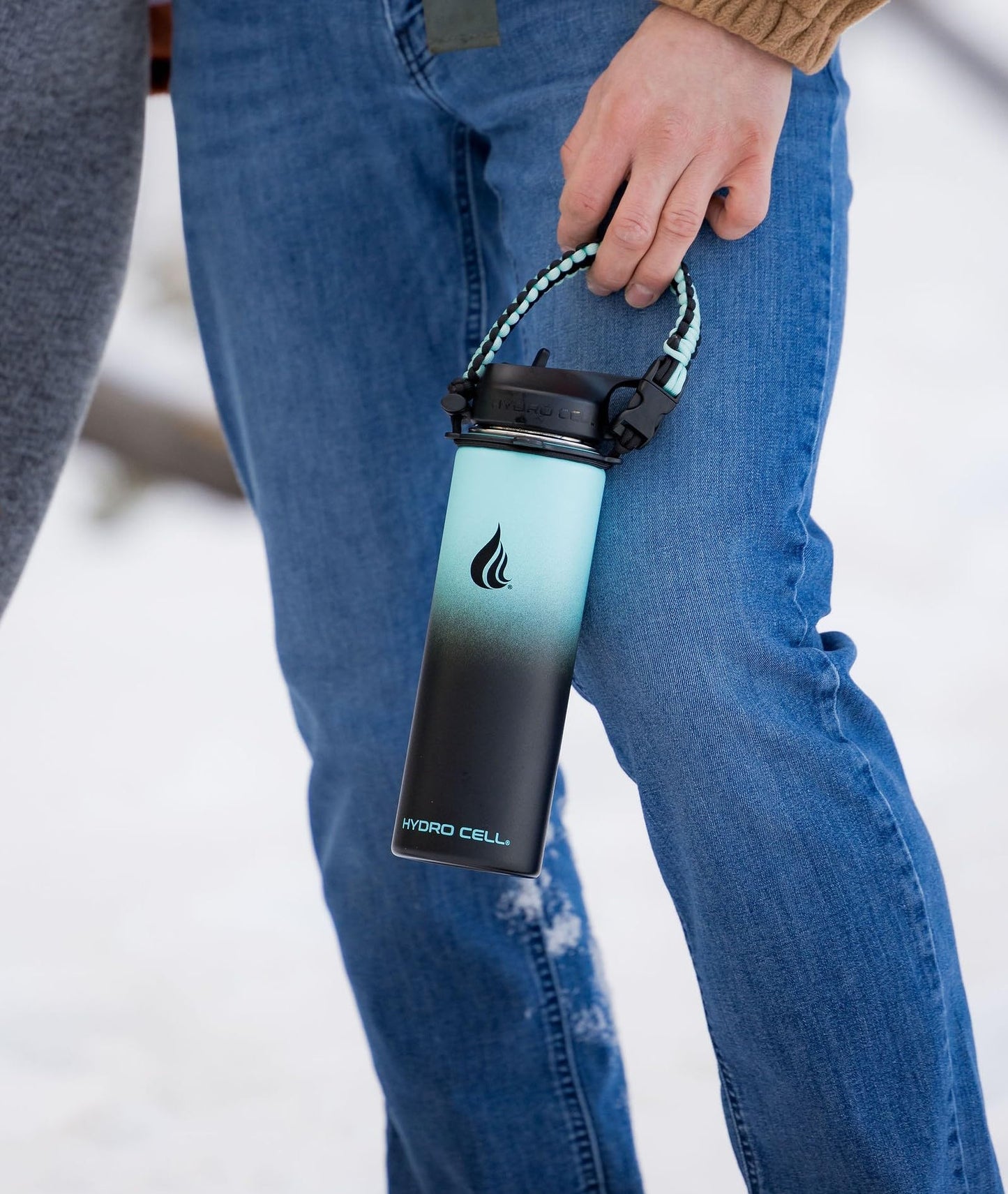 HYDRO CELL Paracord Handle for Wide Mouth Water Bottles - Carrier Strap w/Attachment Ring and Carabiner Accessory. Compatible w/ 64oz, 40oz 32oz, 24oz, 18oz, 14oz Insulated Bottles (Teal/Black)