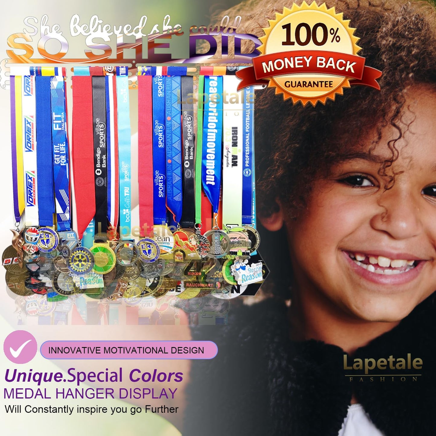 Lapetale Fashion Medal Hanger Holder Display Wall Rack Frame Shelf in 16" long-Medal Hanger Awards Ribbon Cheer,gymnastics,soccer,softball