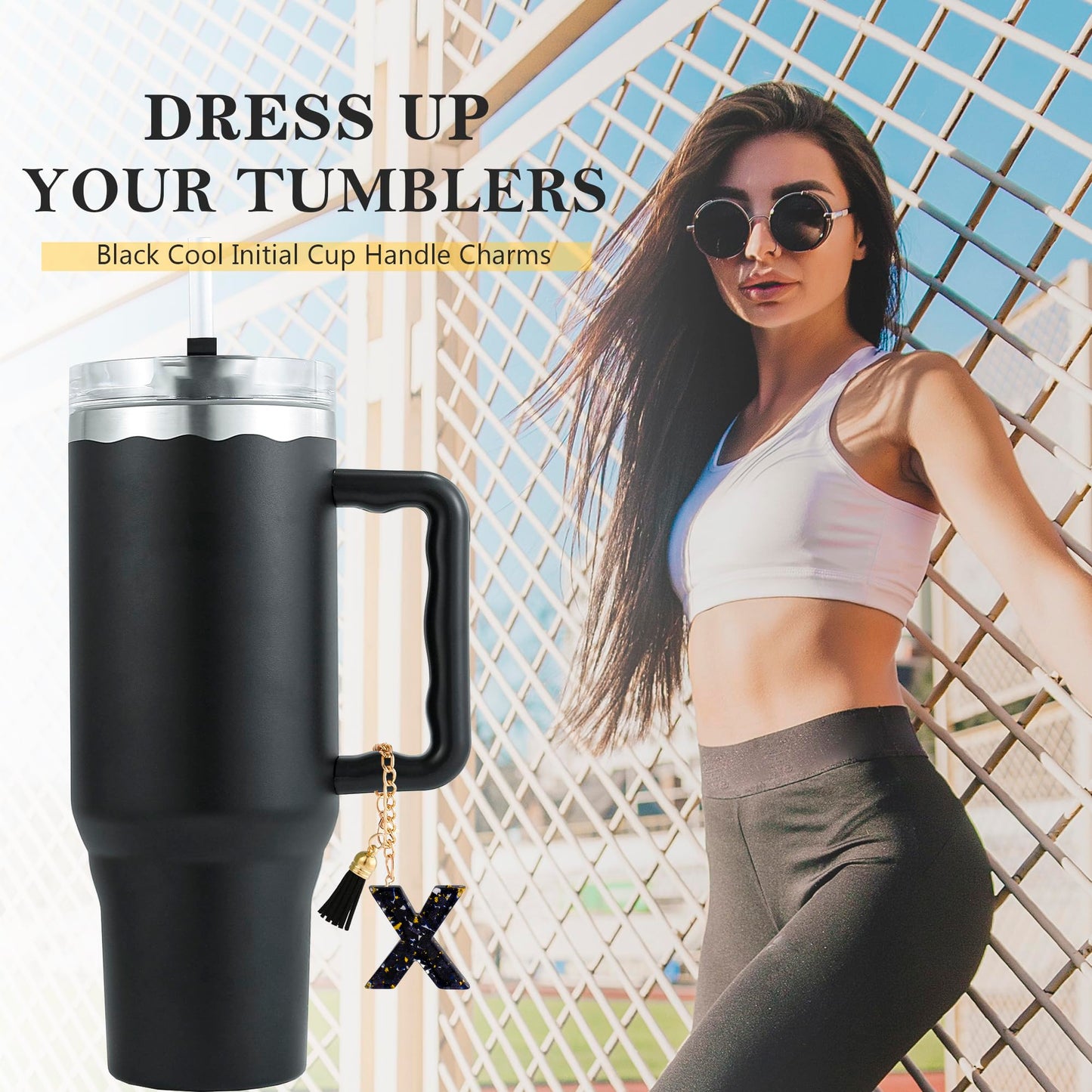 Letter Charm Accessories for Stanley Cup 1 PCS Cute Initial Keychain Handle Charm for Stanley Tumbler for Women Black Letter X