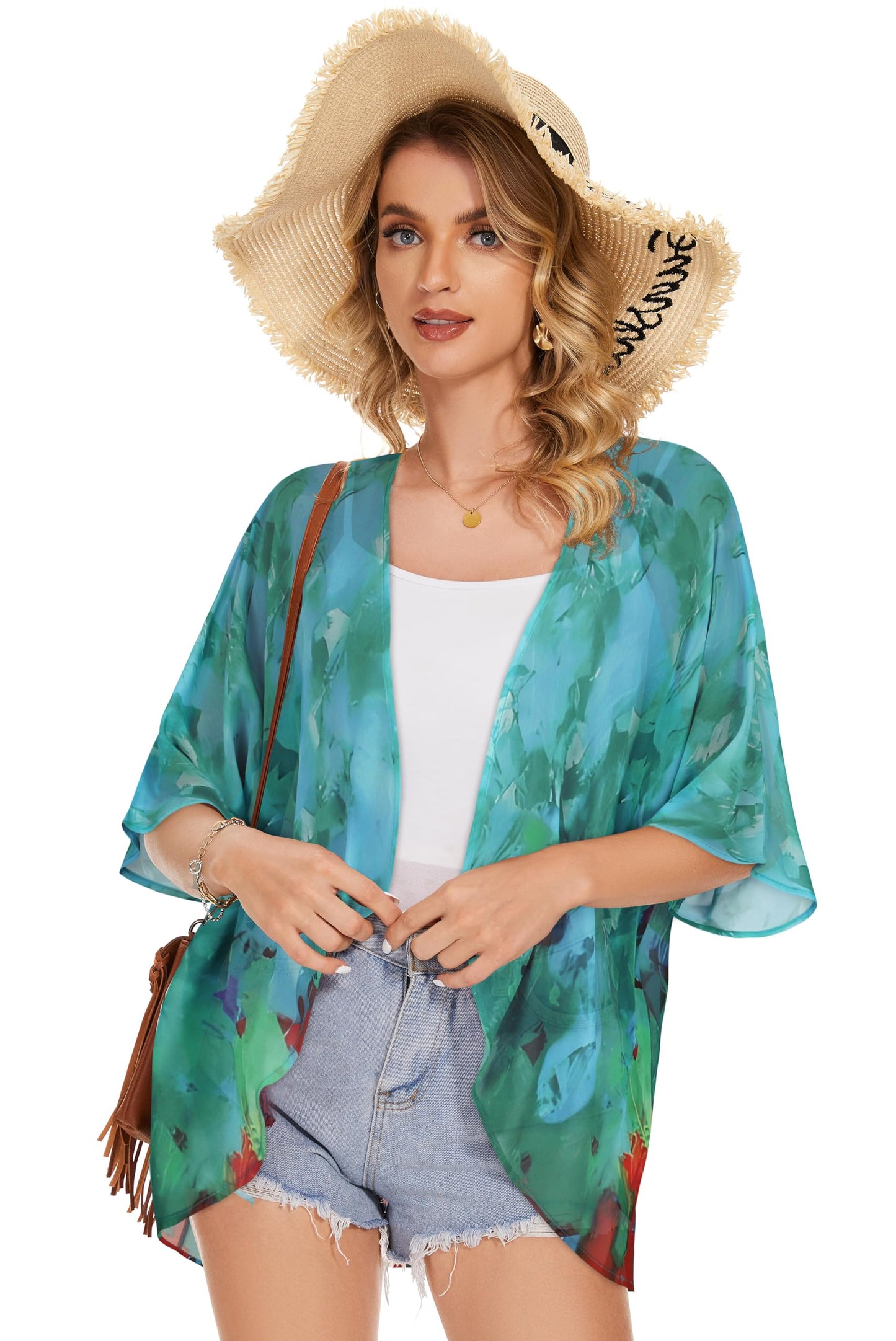 Womens Short Cardigans Casual Oversized Open Front Kimono Tops Bathings Suit Cover-ups (Teal Blue Print, S)
