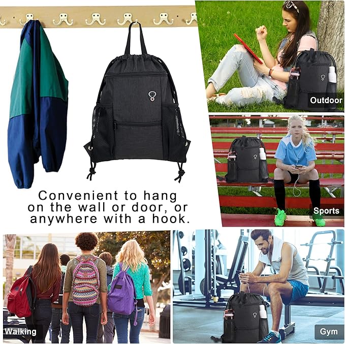 BeeGreen Drawstring Backpack Sports Gym Bag With Shoe Compartment and Two Water Bottle Holder …