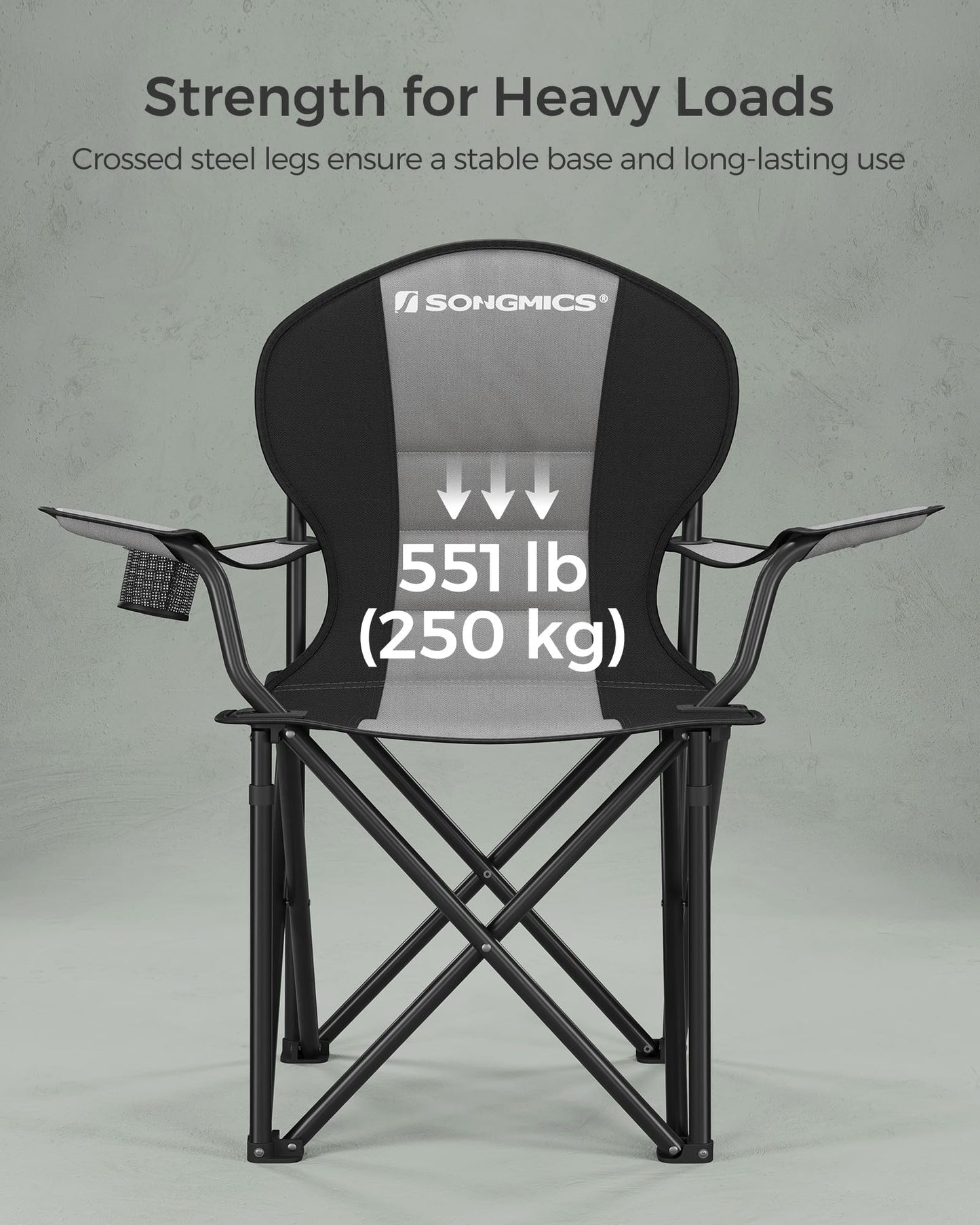 SONGMICS Folding Camping Chair Set of 2, Supports 551 lb per Chair, with Comfortable Sponge Seat, Heavy Duty Structure, Cup Holder, Outdoor Picnic Chair, Grey and Black UGCB206G01