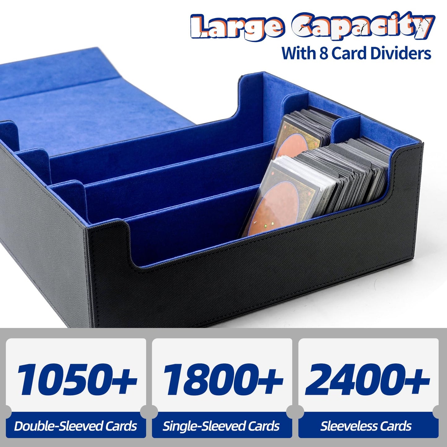 AWESOPAL Card Deck Box Fits MTG YGO PTCG, 1800+ Trading Card Storage Box with Magnetic Closure & 8 Dividers, Collectible Trading Card Cases for MTG Commander, TCG Card Holder Box - Black&Blue