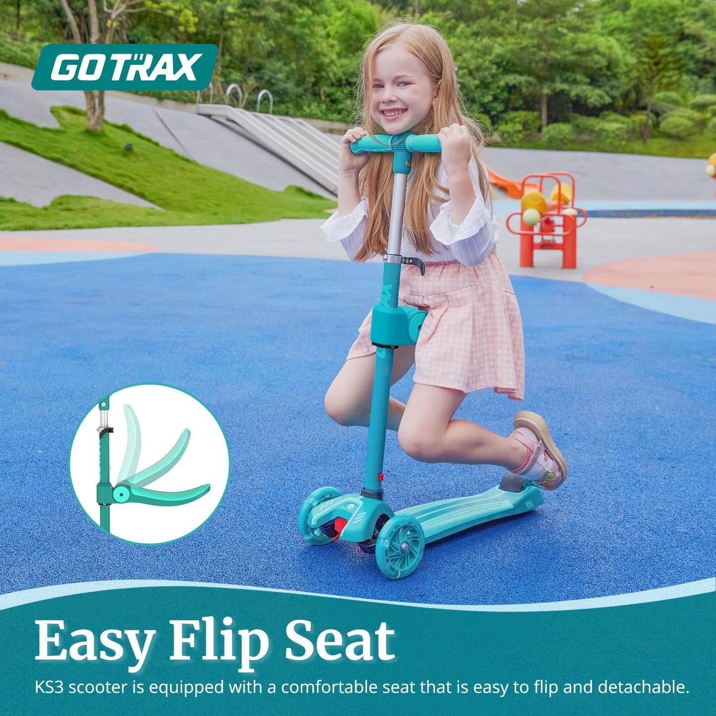 Gotrax KS3 Kids Kick Scooter, LED Lighted Wheels, Adjustable Height Handlebars and Removable Seat, Lean-to-Steer & Widen Anti-Slip Deck, 3 Wheel Scooter for Kids Ages 2-8 and up to 100 Lbs (Green)