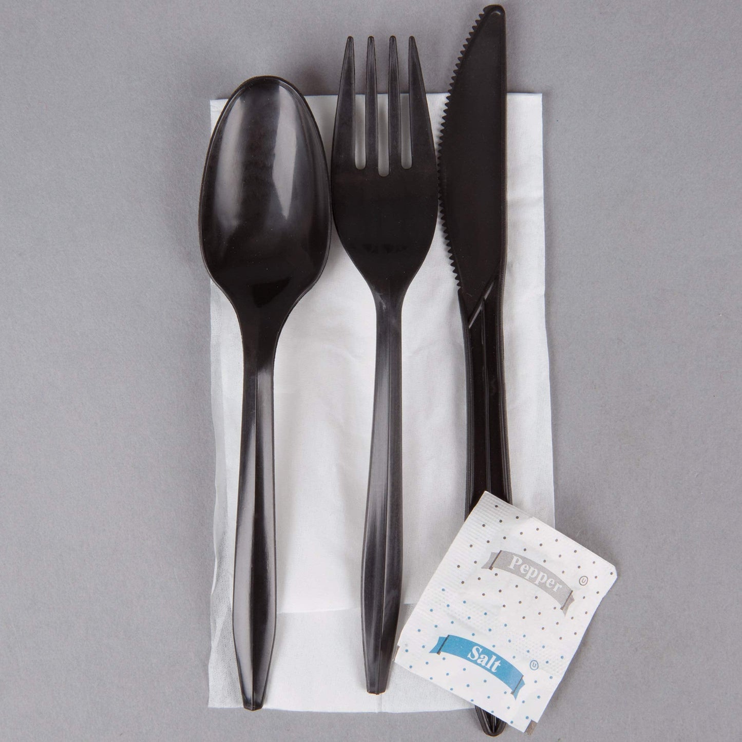 KitchenDine 100 Pack Medium Weight Wrapped Black Plastic Cutlery Pack with Napkin and Salt/Pepper Packets (Black)