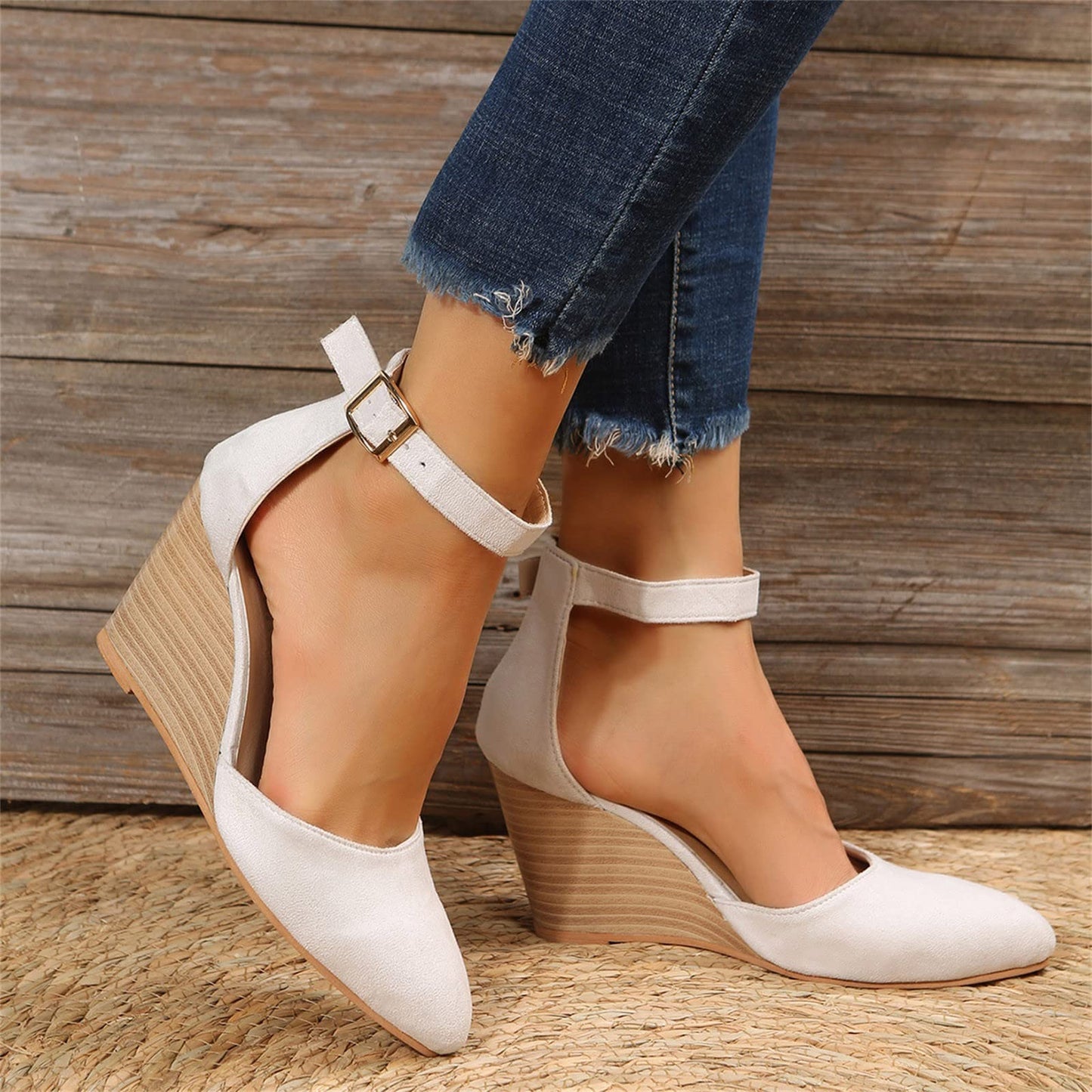 Women's Close Toe Espadrilles Wedge Sandals, Comfort Strappy Platform Slides Sandals Comfy Walking with Arch Support 02_Beige, 42