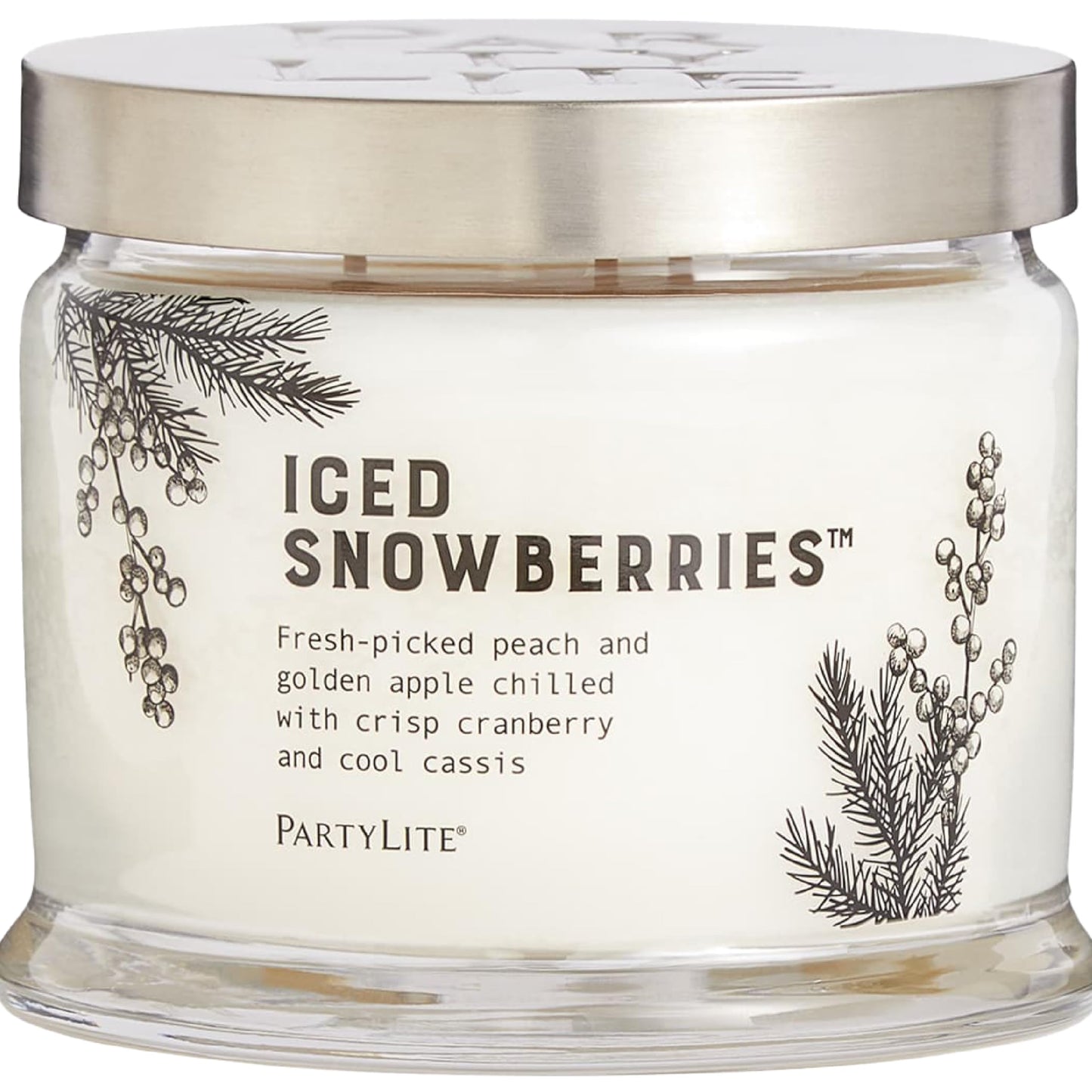 PartyLite Iced Snowberries Scented, Notes of Apple, Cassis, Cranberry, Peach, Strawberry, Berry, Vanilla & Musk,13.2oz 3-Wick Jar Candle, 45 Hour Burn Time, Luxurious Fragrance, Perfect for Gifting